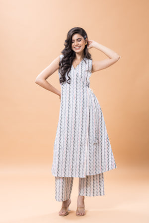 Pure Cotton Angrakha kurta pant set white