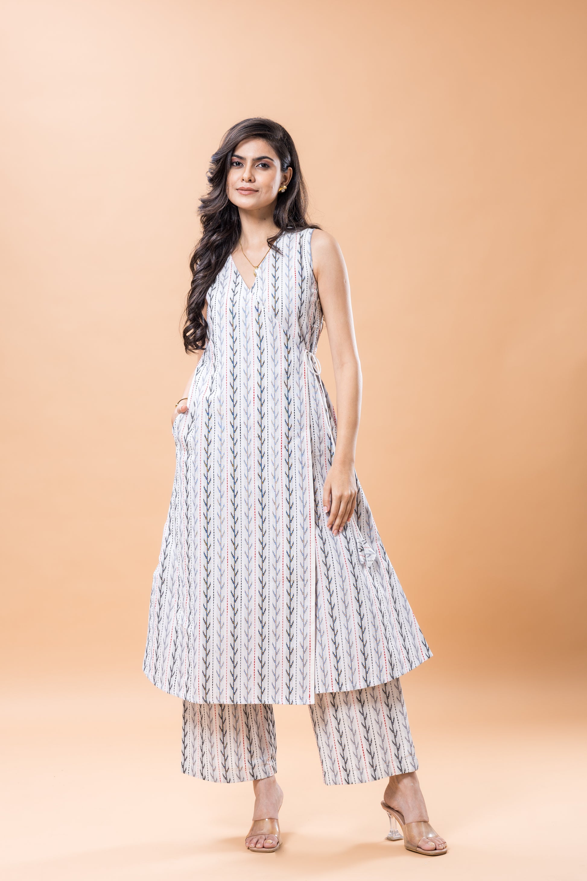 Pure Cotton Angrakha kurta pant set white