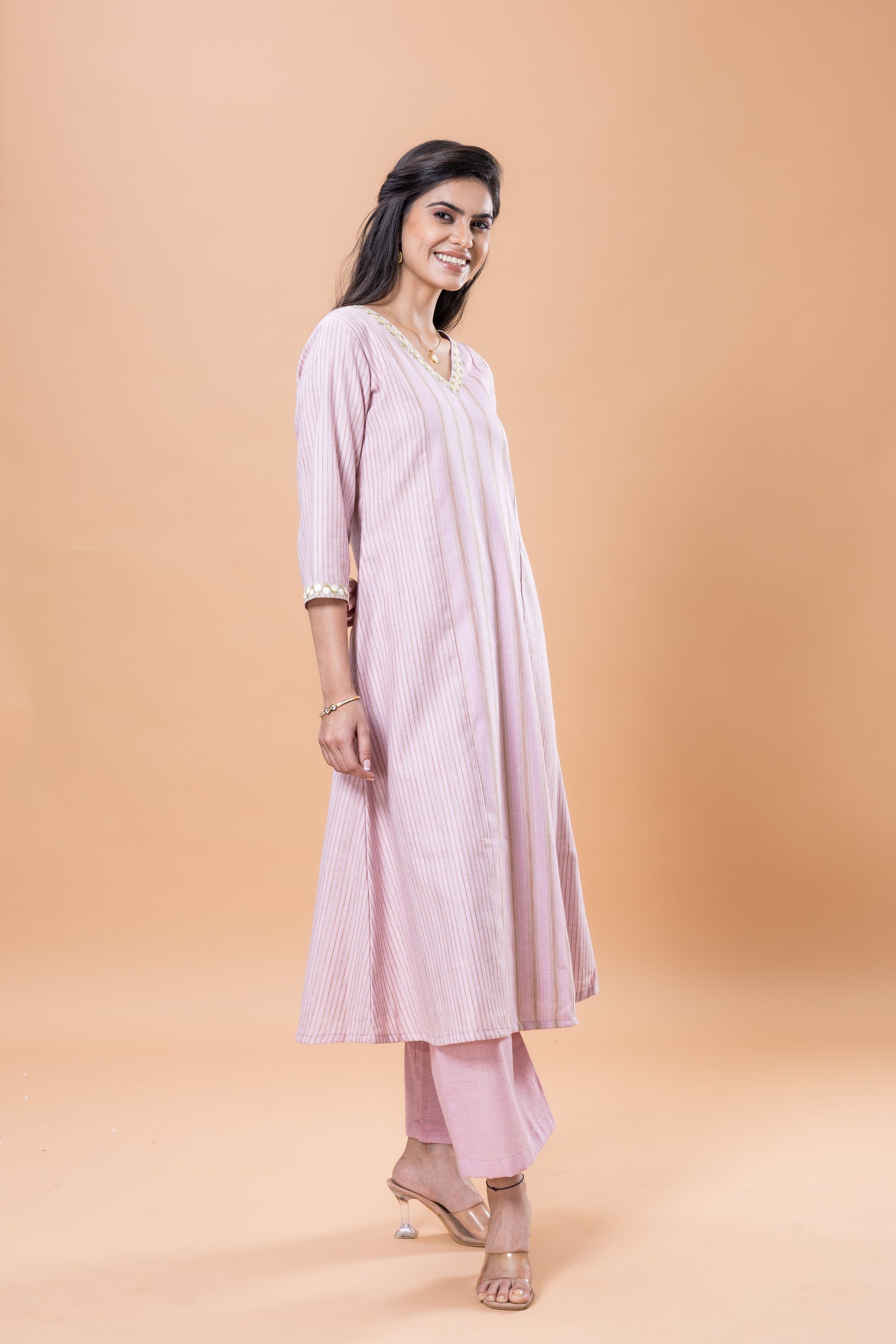 Cotton Pink striped kurta pant set with lace