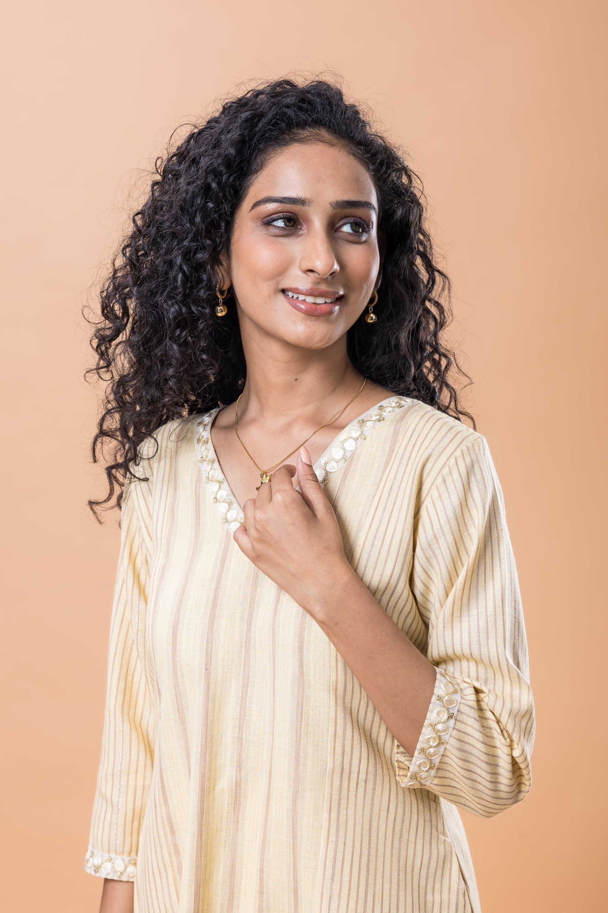 Cotton Yellow striped kurta pant set with lace