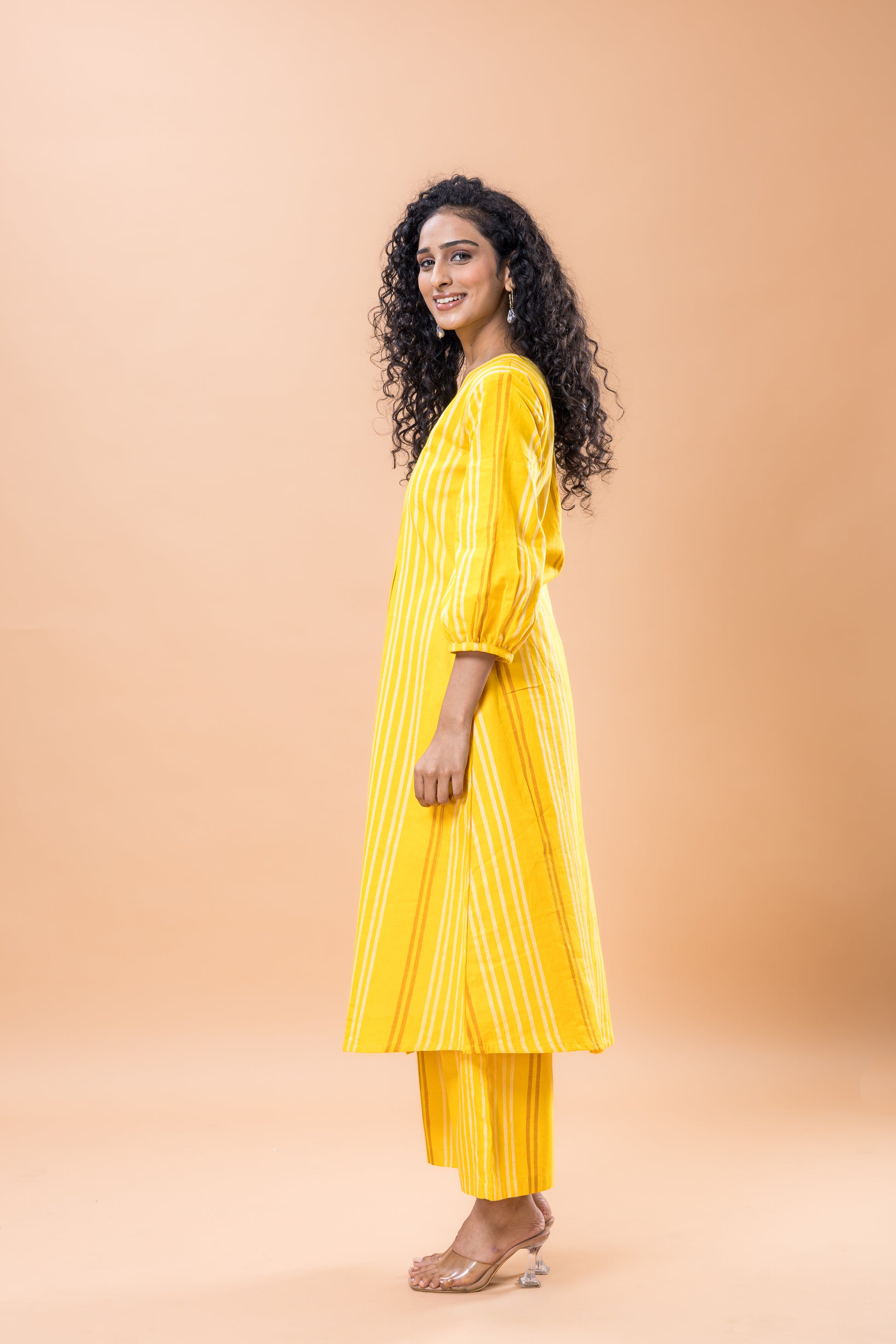 Pure Cotton Yellow striped kurta pant set