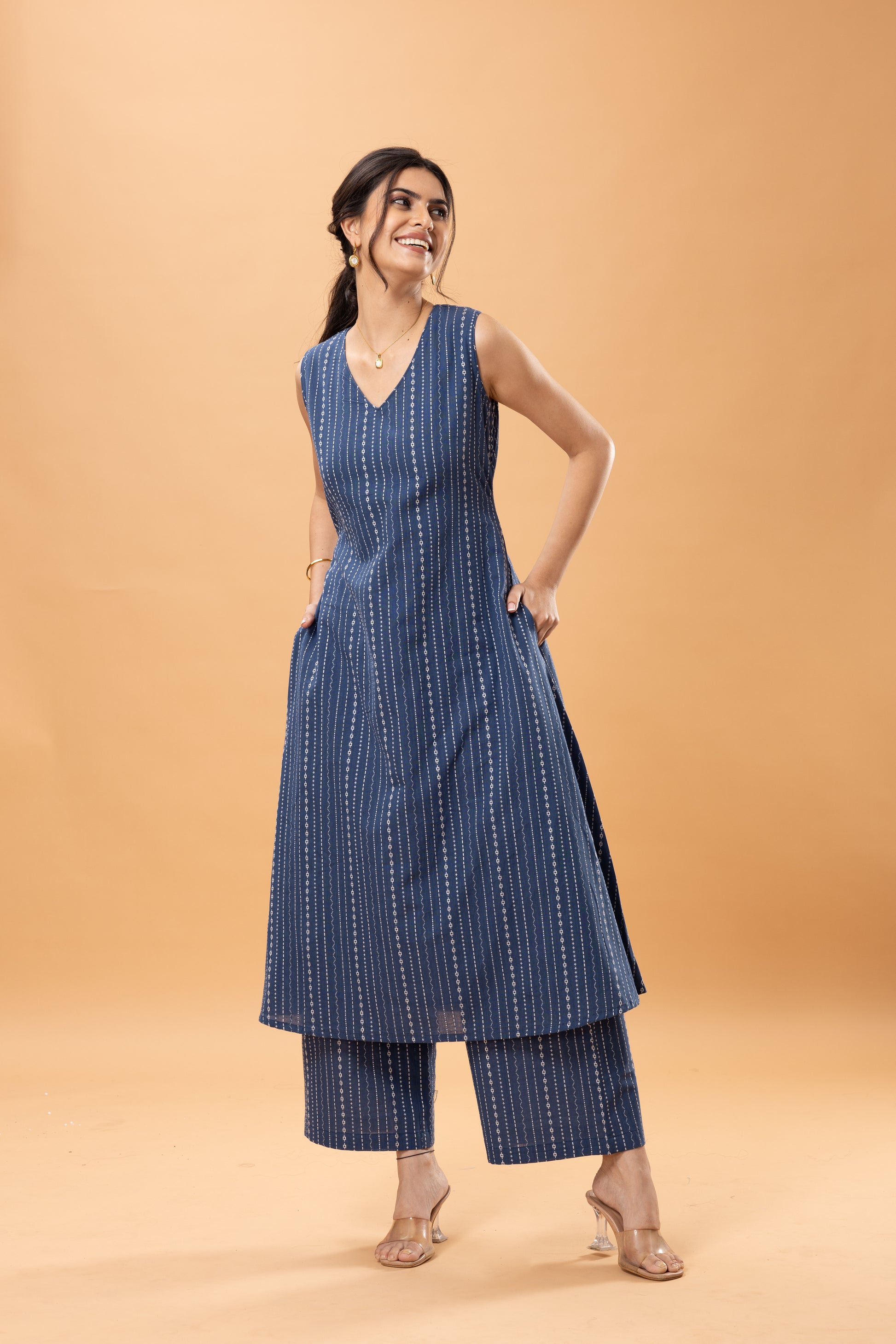 Pure Cotton Embroidered Indigo Kurta Pant Set