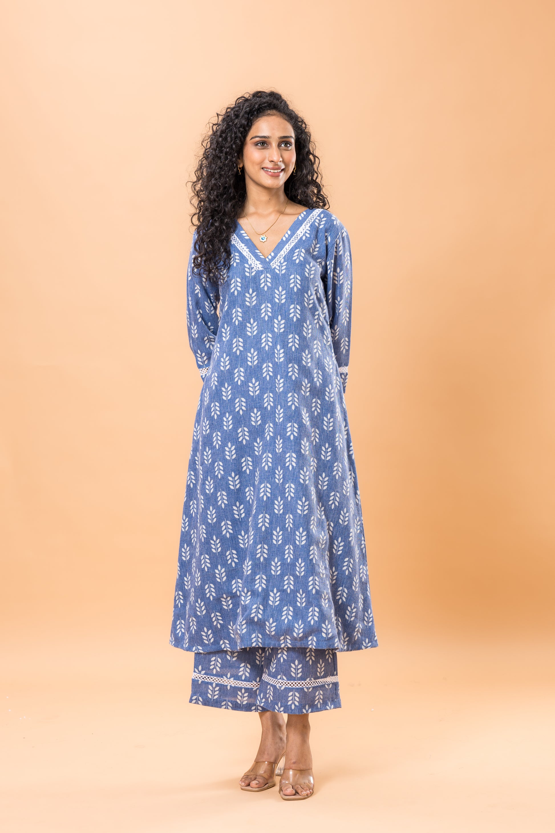 Linen Blue leaf print kurta pant set