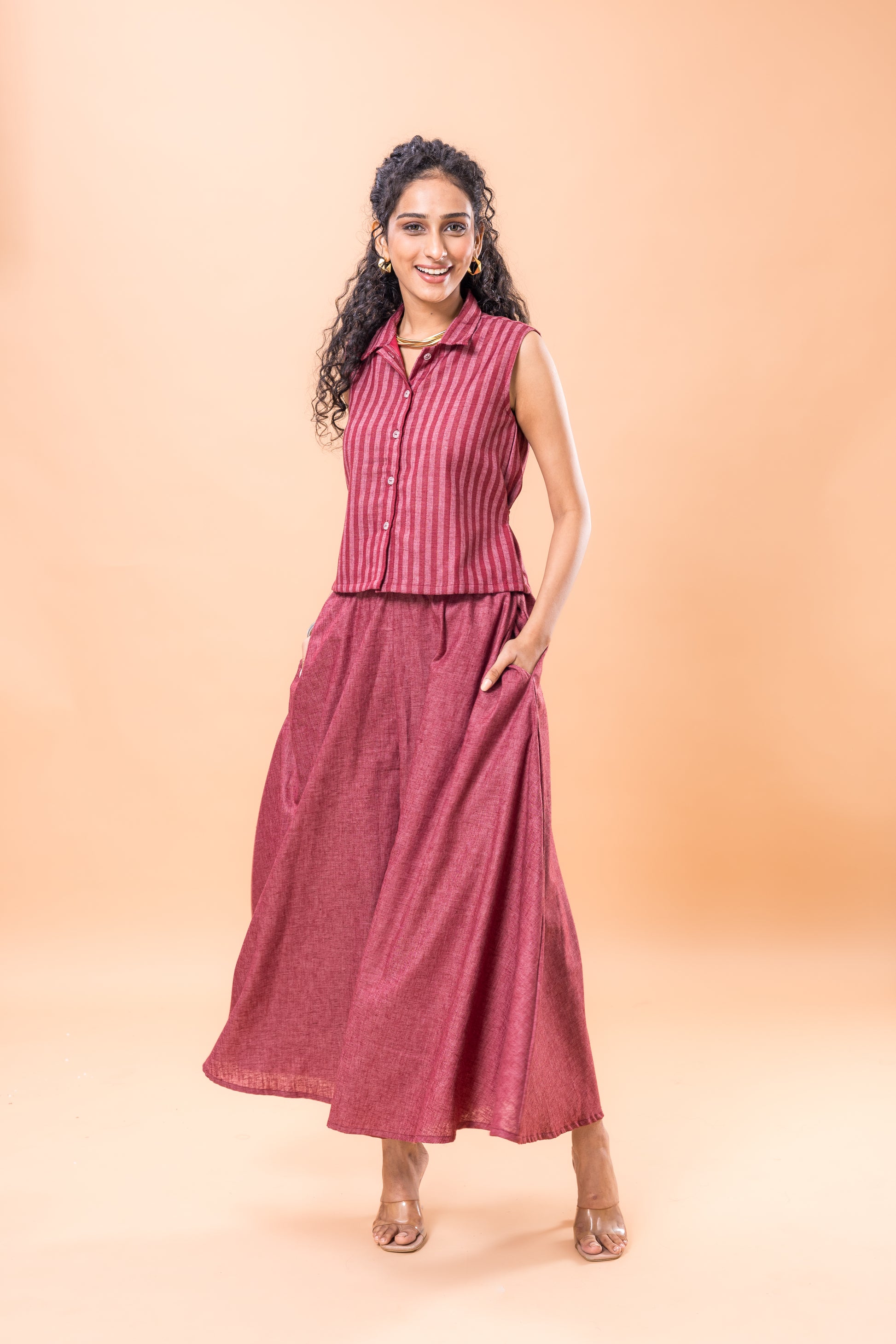 Cotton Red Striped Co-ord Set with Flared Pants
