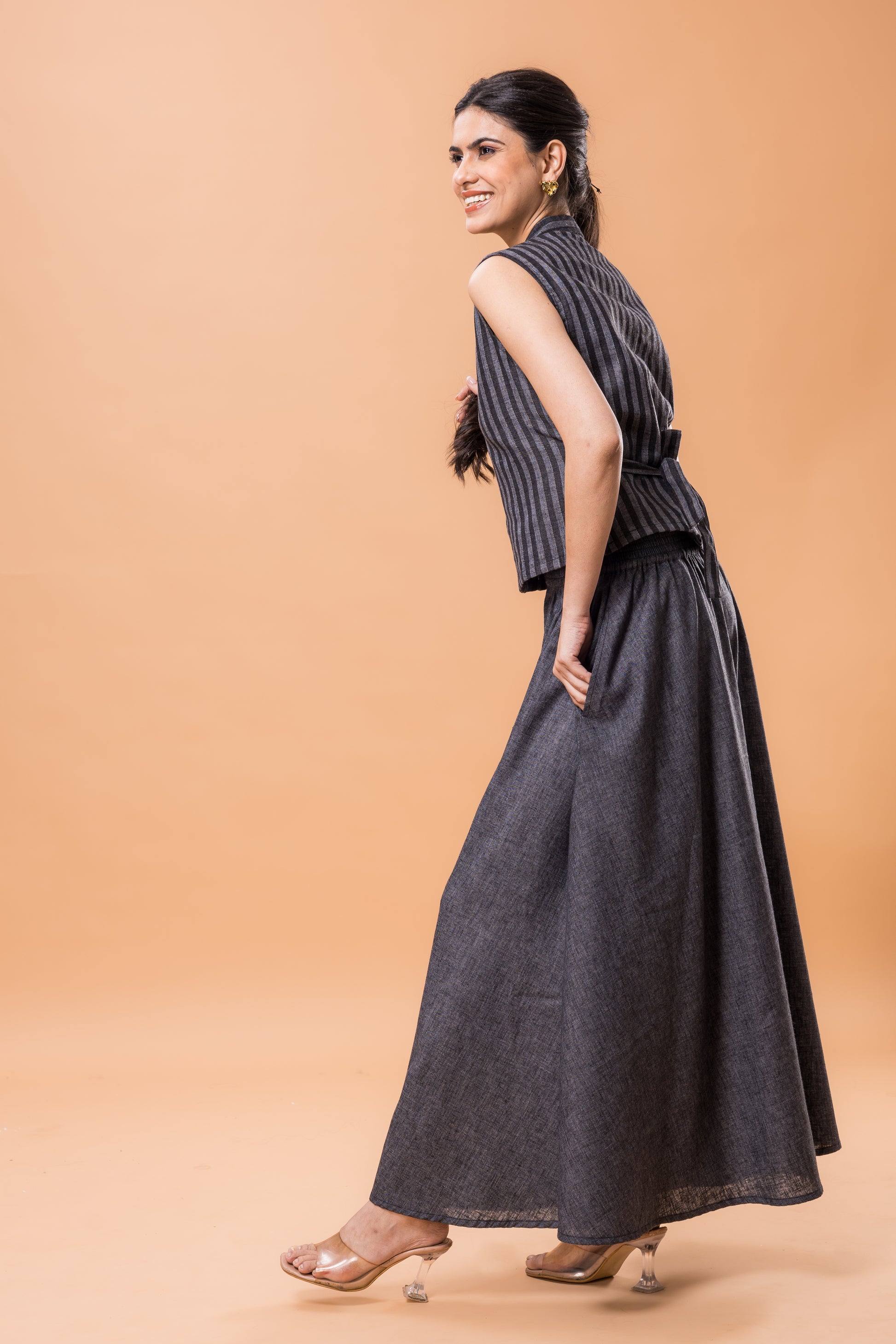 Cotton Black Striped Co-ord Set with Flared Pants