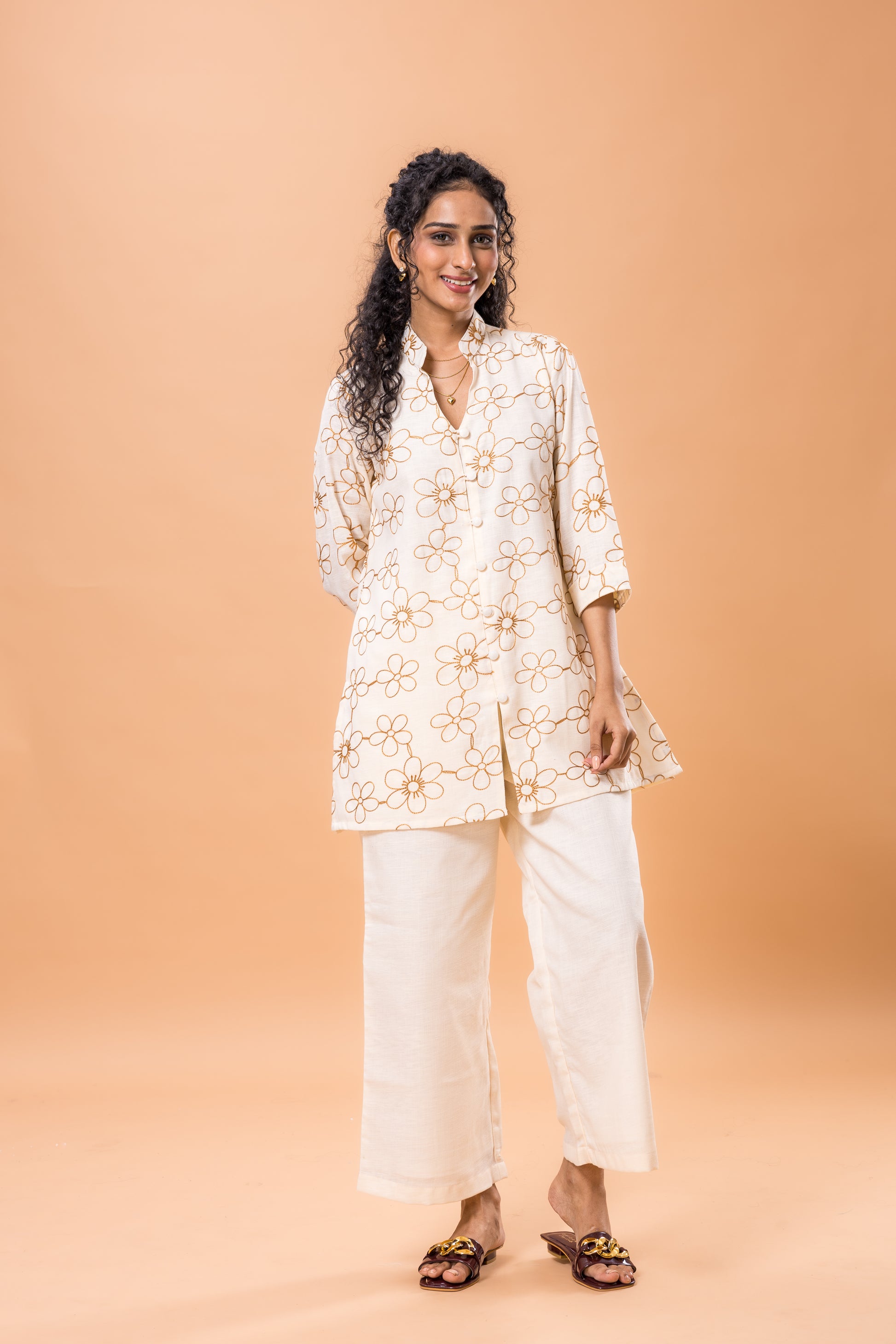 Linen Salmon Pink Embroidered Co-ord Set