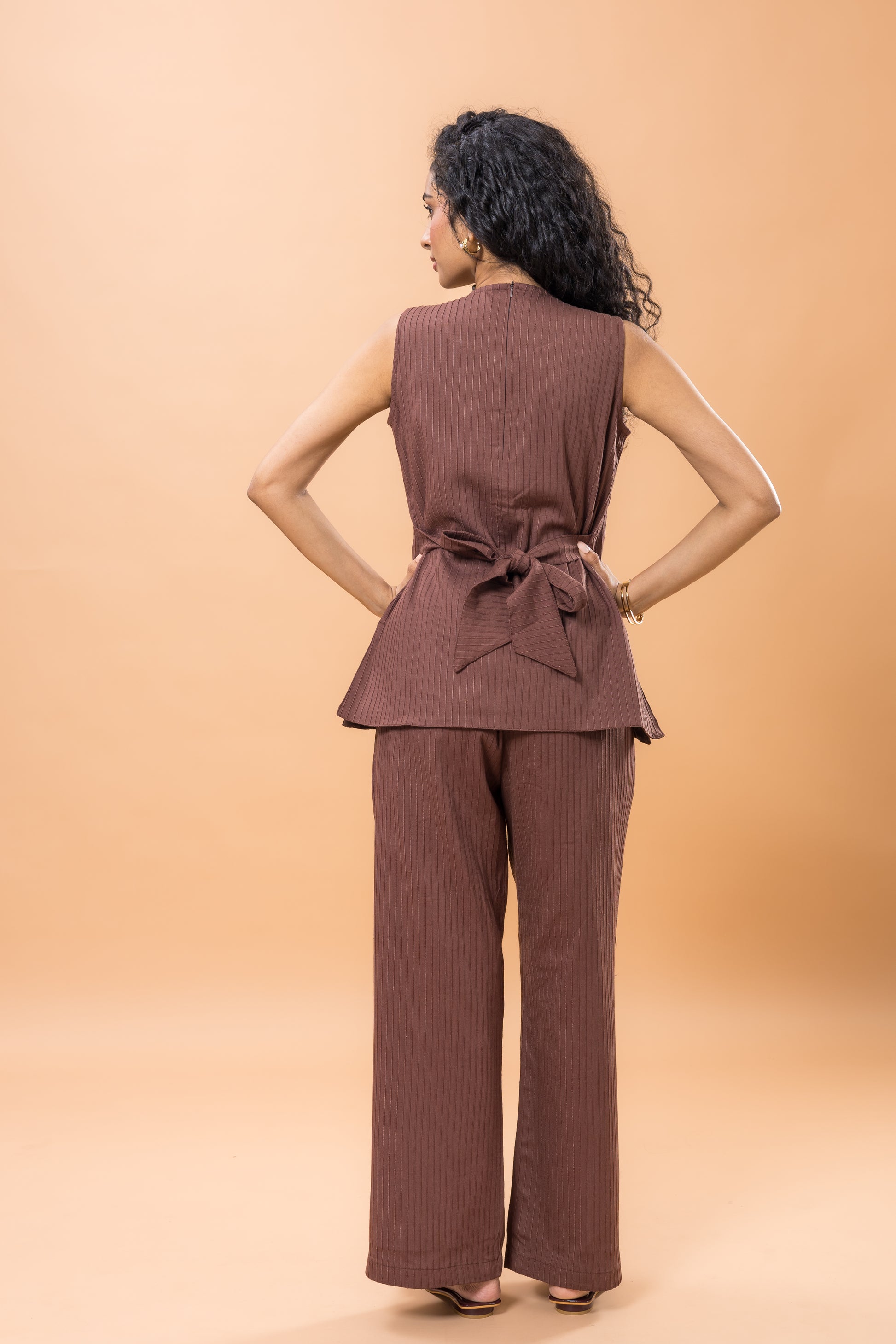 Linen Brown Sleeveless Textured Co-ord Set