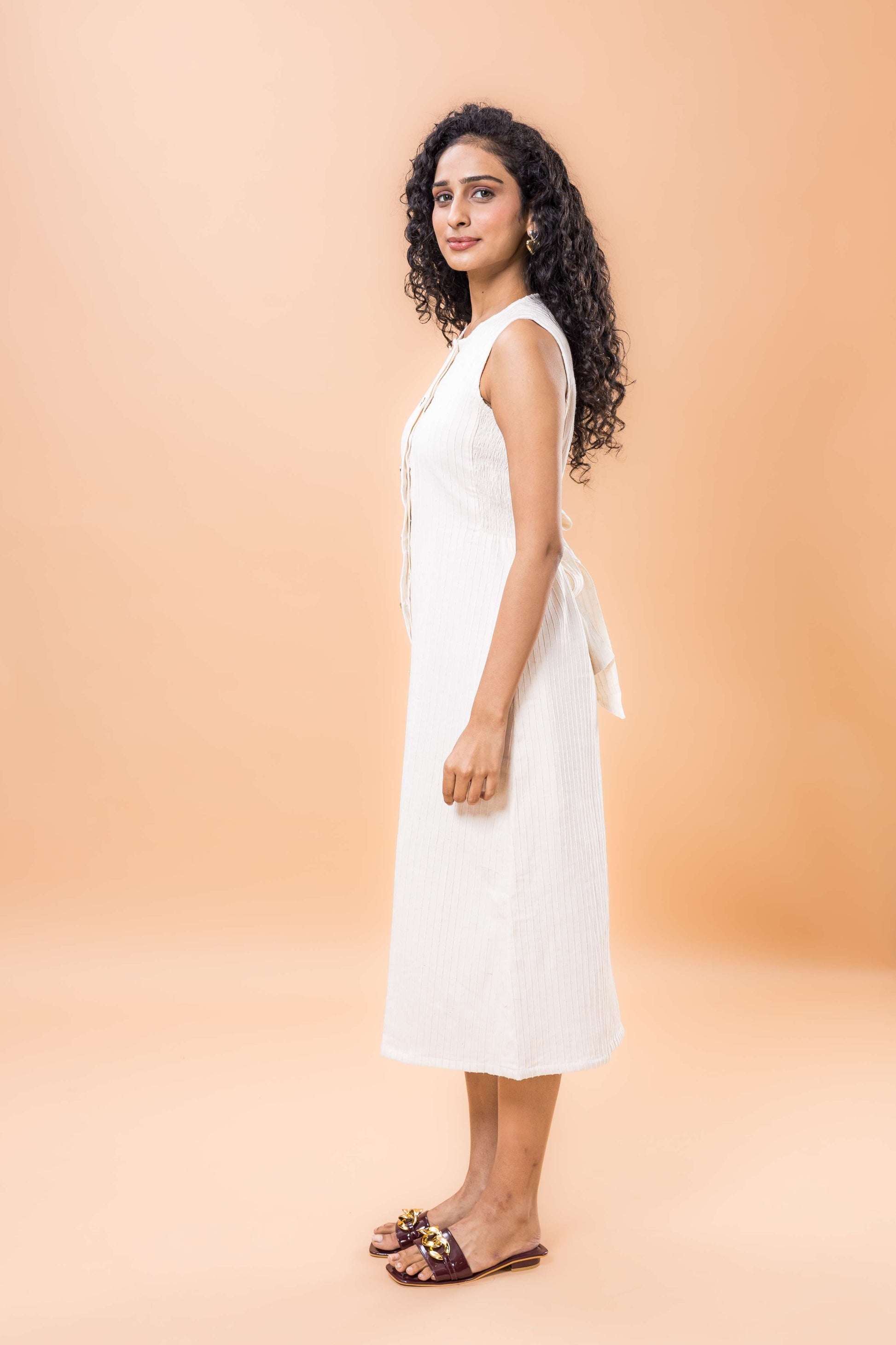 Linen White textured sleeveless dress