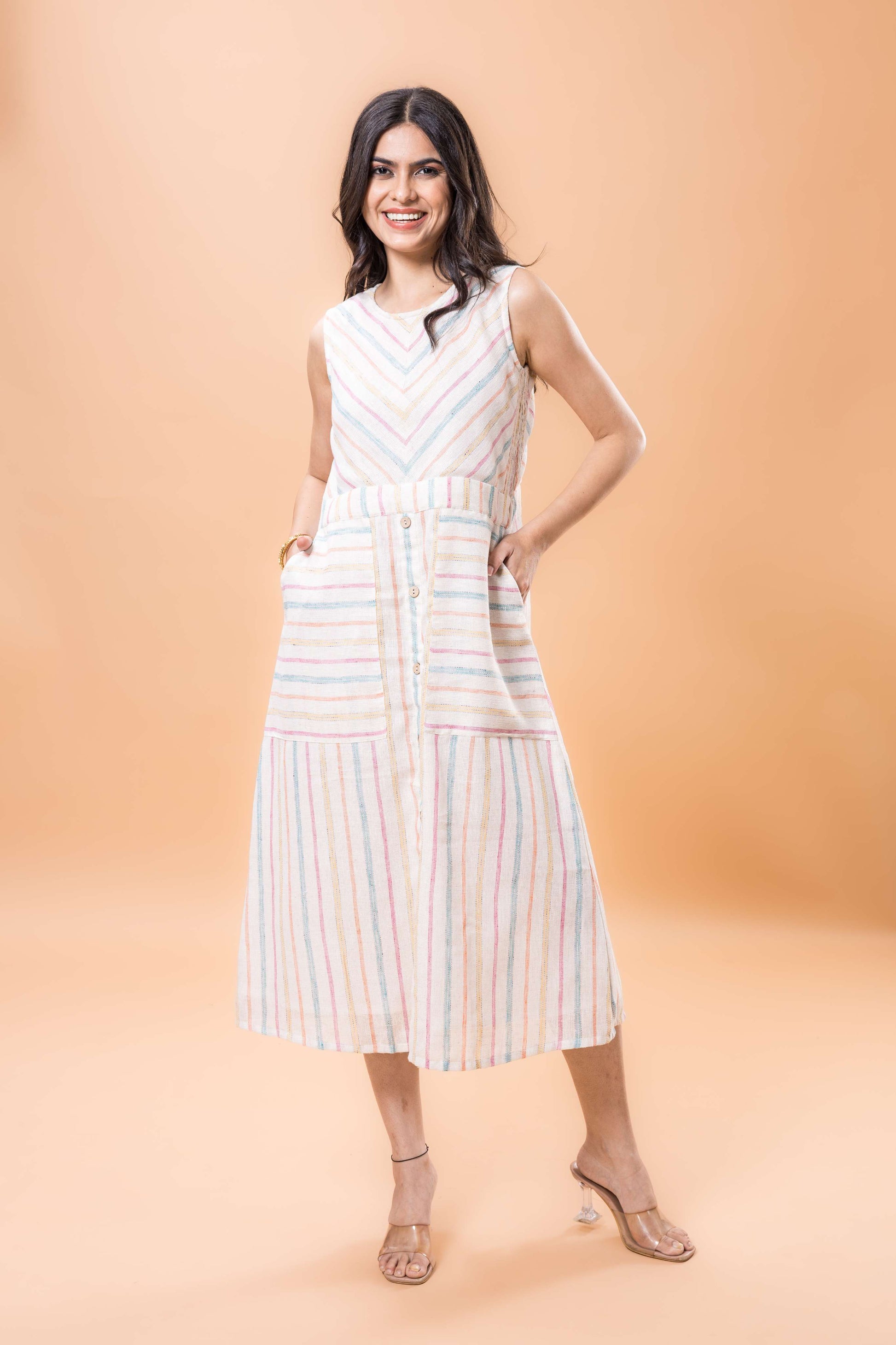 Linen White Sleeveless Dress with Multicolor Stripes