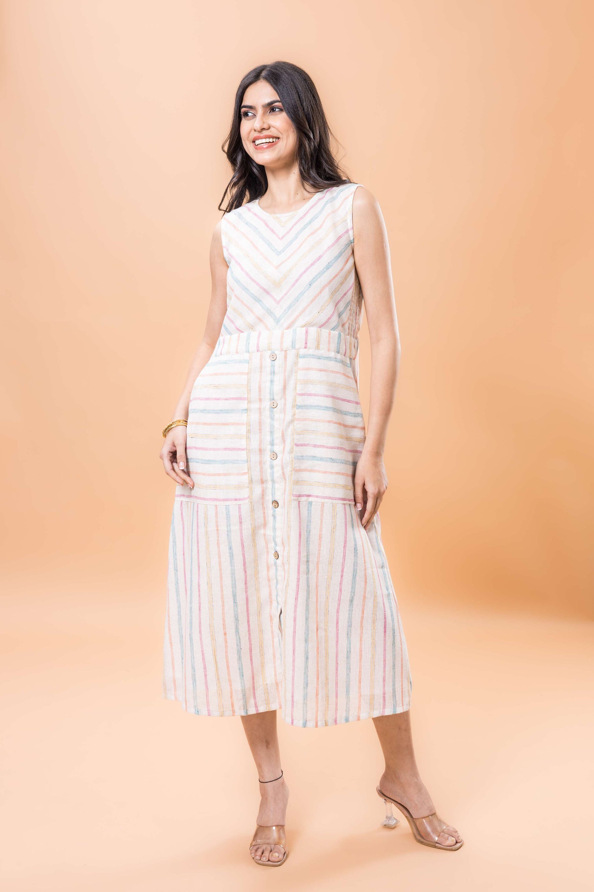 Linen White Sleeveless Dress with Multicolor Stripes