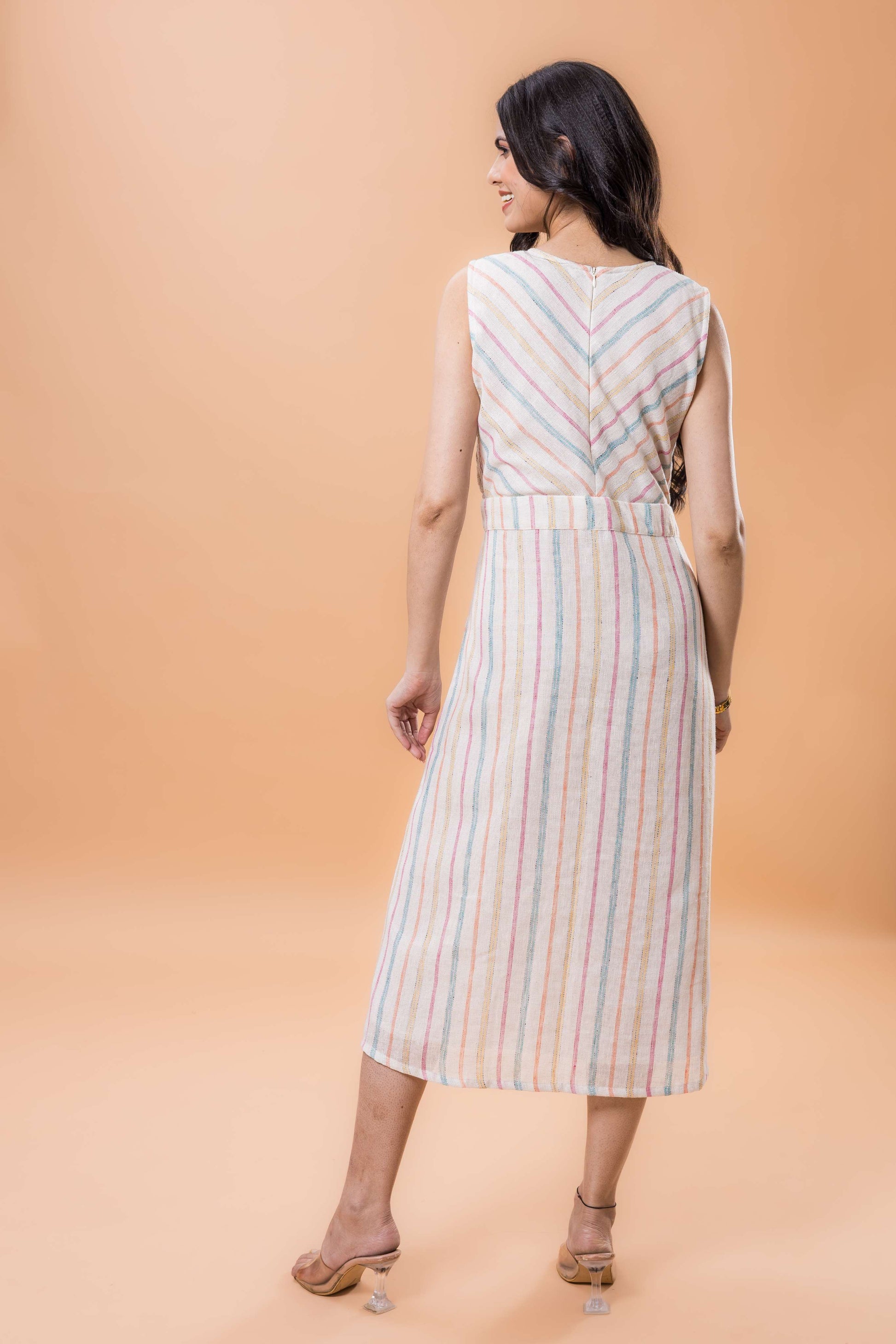 Linen White Sleeveless Dress with Multicolor Stripes