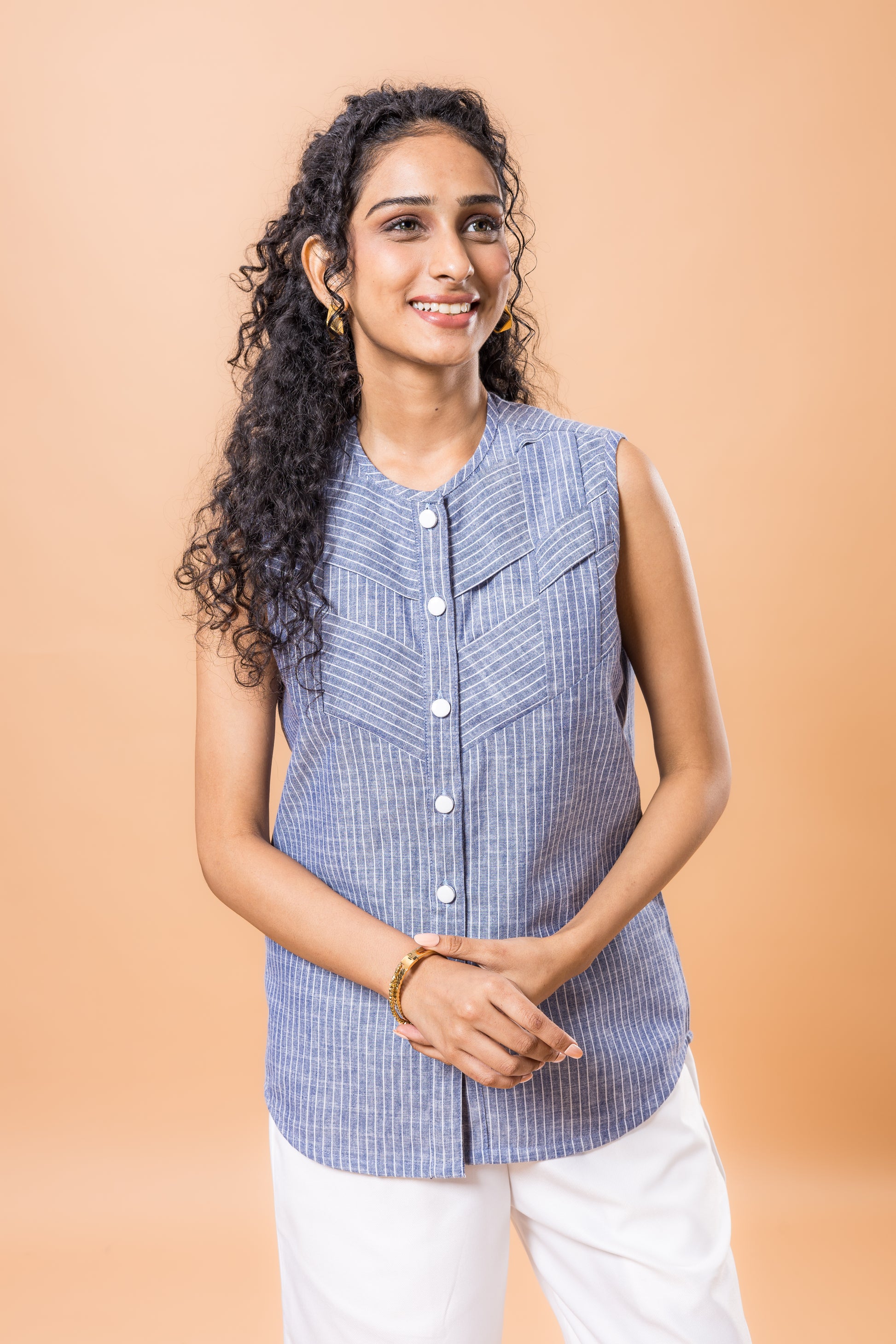 Linen Ink blue striped top