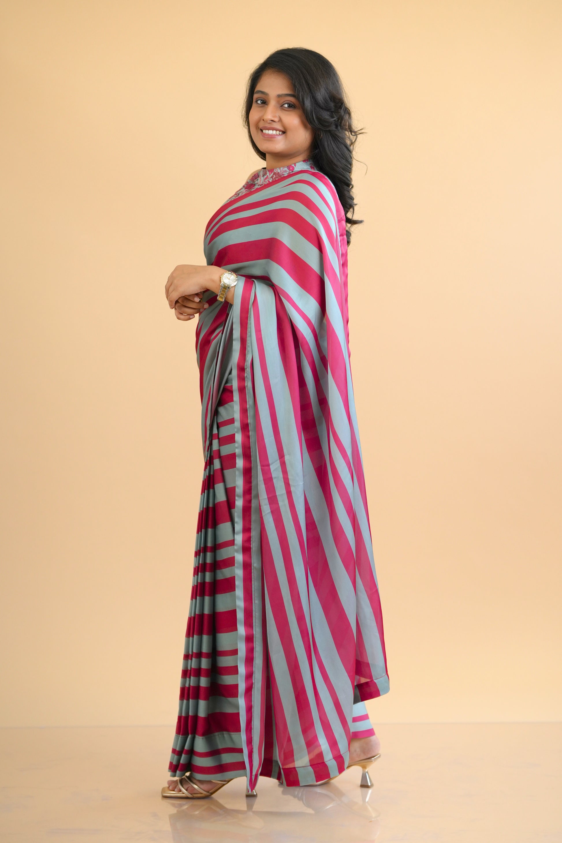 Red Green striped Ready to Wear Satin Georgette saree with Pre Stitched Blouse