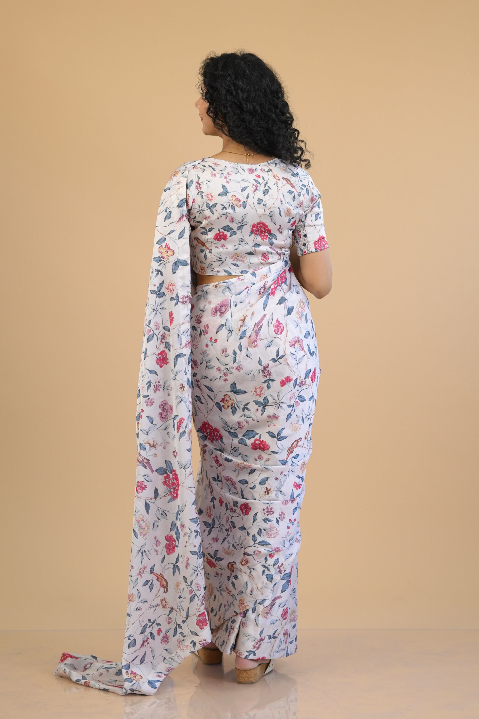 Floral White Ready to wear Satin Georgette Saree with Pre stitched Blouse