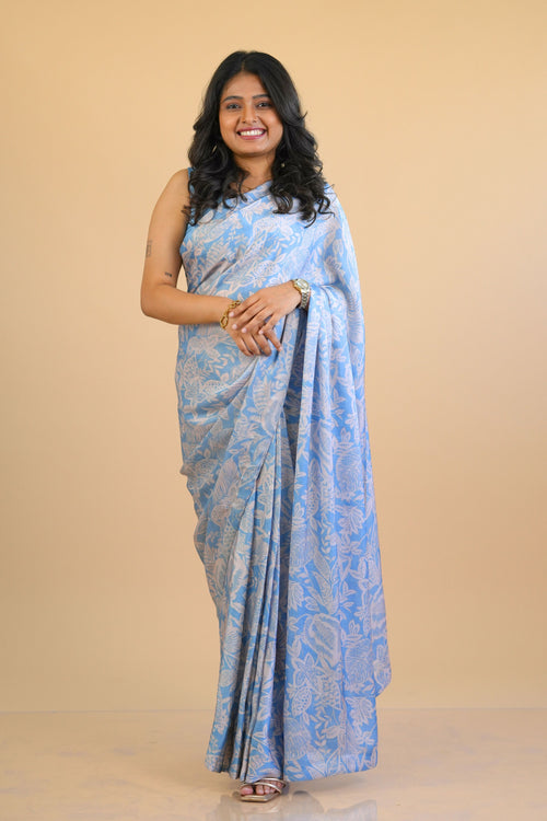 Blue Ready to Wear Satin Georgette saree with Pre-Stitched Blouse