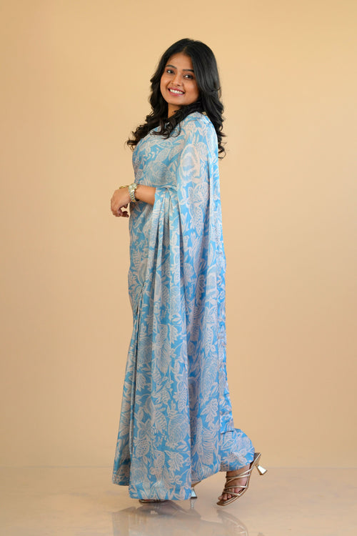 Blue Ready to Wear Satin Georgette saree with Pre-Stitched Blouse