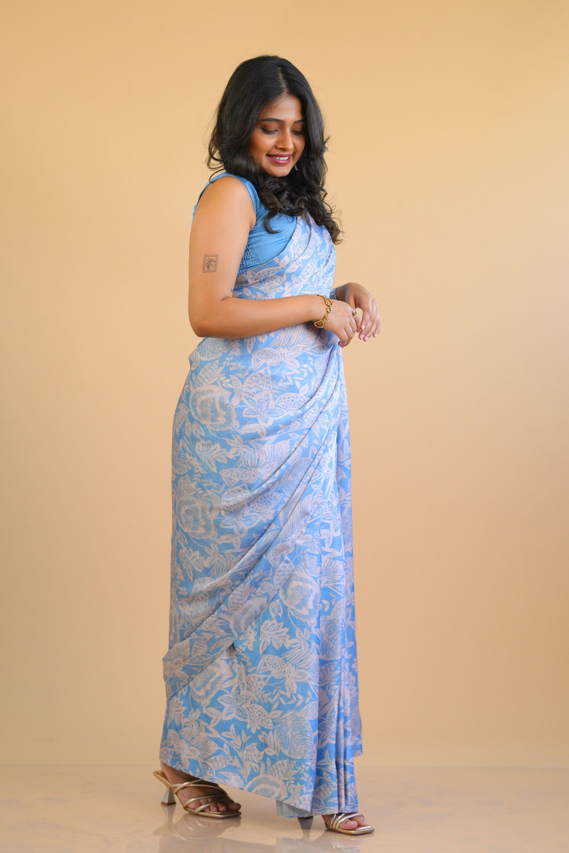 Blue Ready to Wear Satin Georgette saree with Pre-Stitched Blouse
