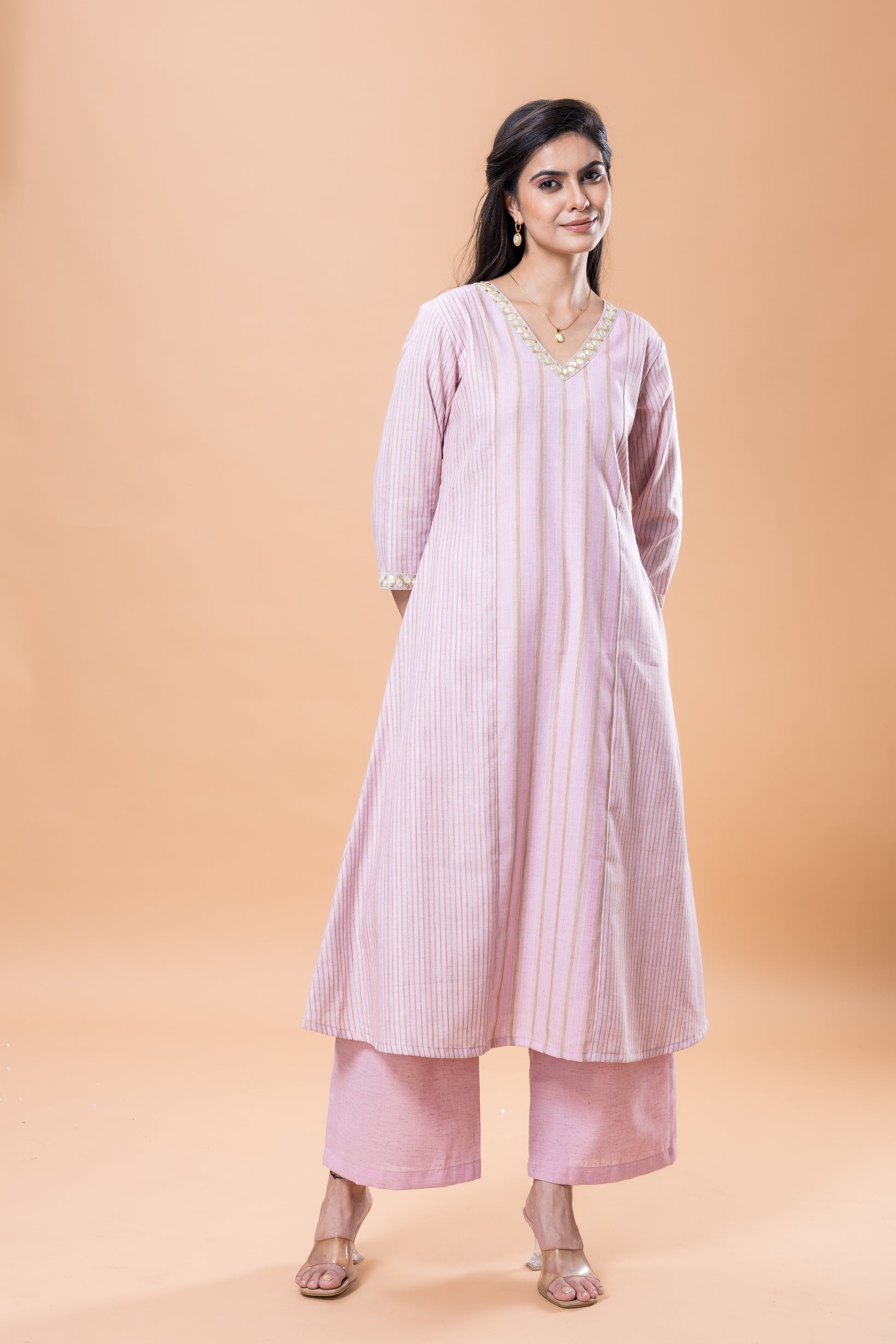 Cotton Pink striped kurta pant set with lace