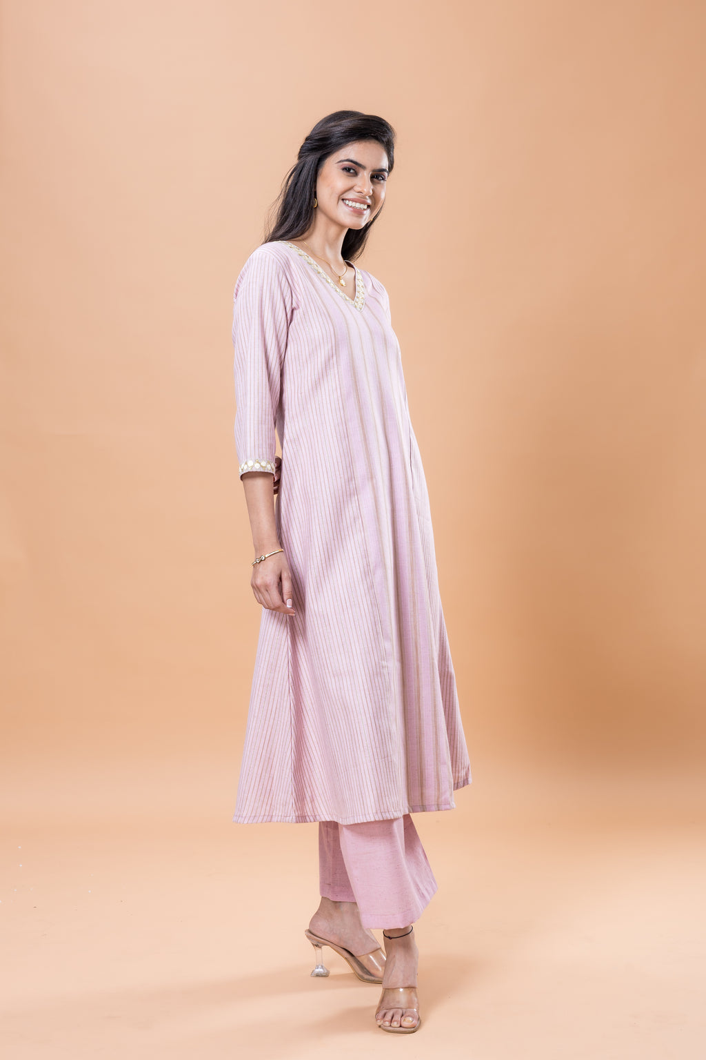 Cotton Pink striped kurta pant set with lace