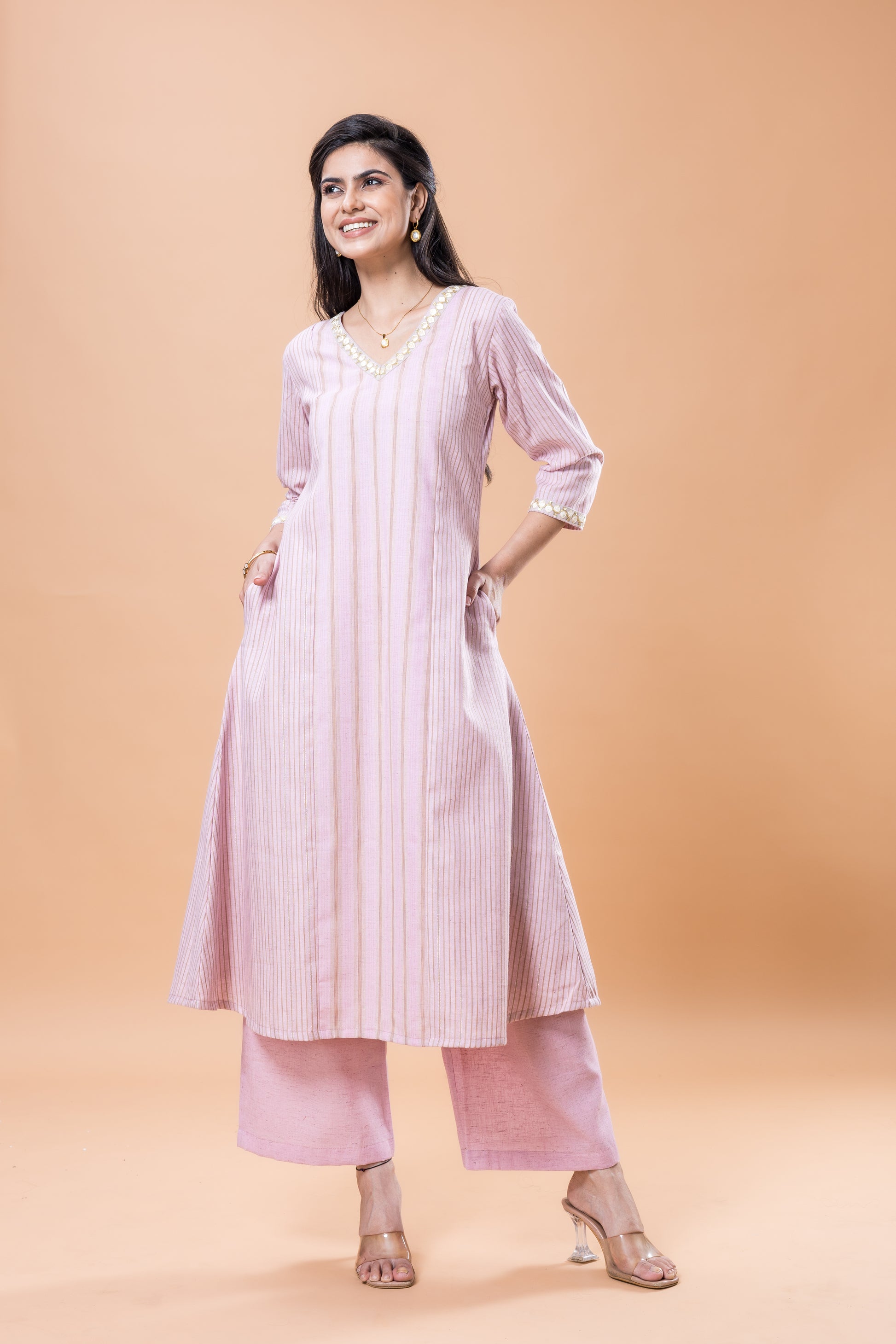 Cotton Pink striped kurta pant set with lace