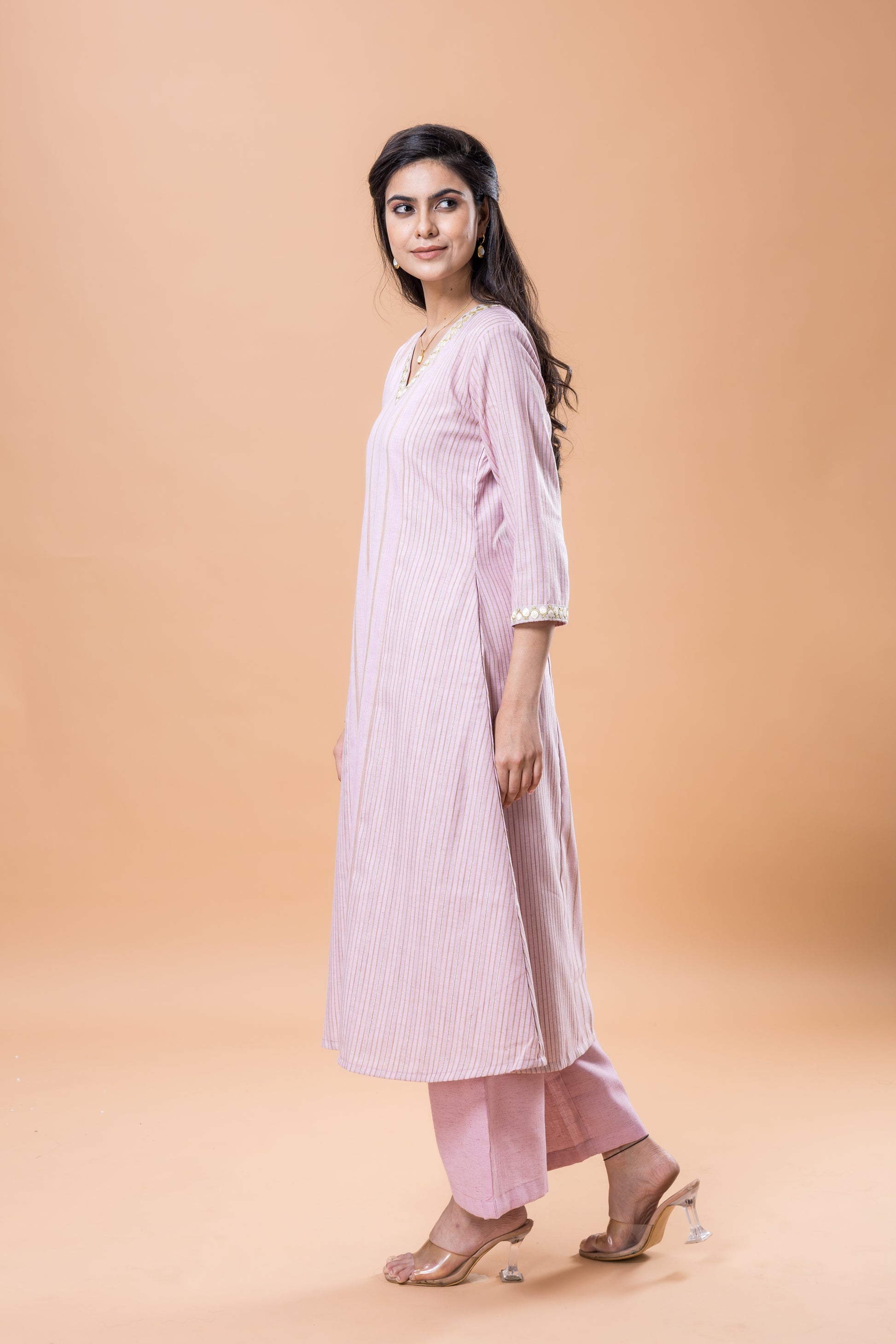 Cotton Pink striped kurta pant set with lace