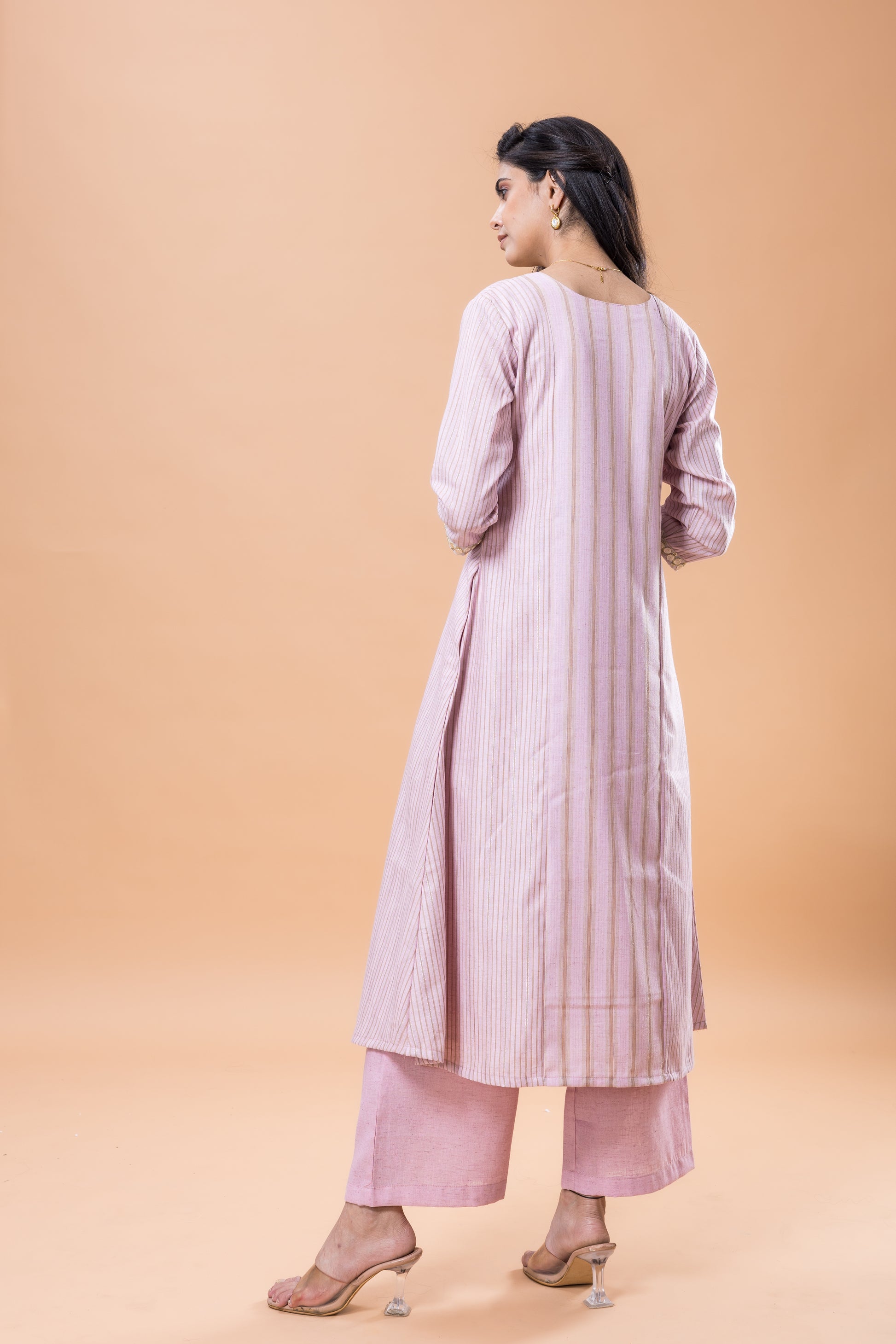 Cotton Pink striped kurta pant set with lace