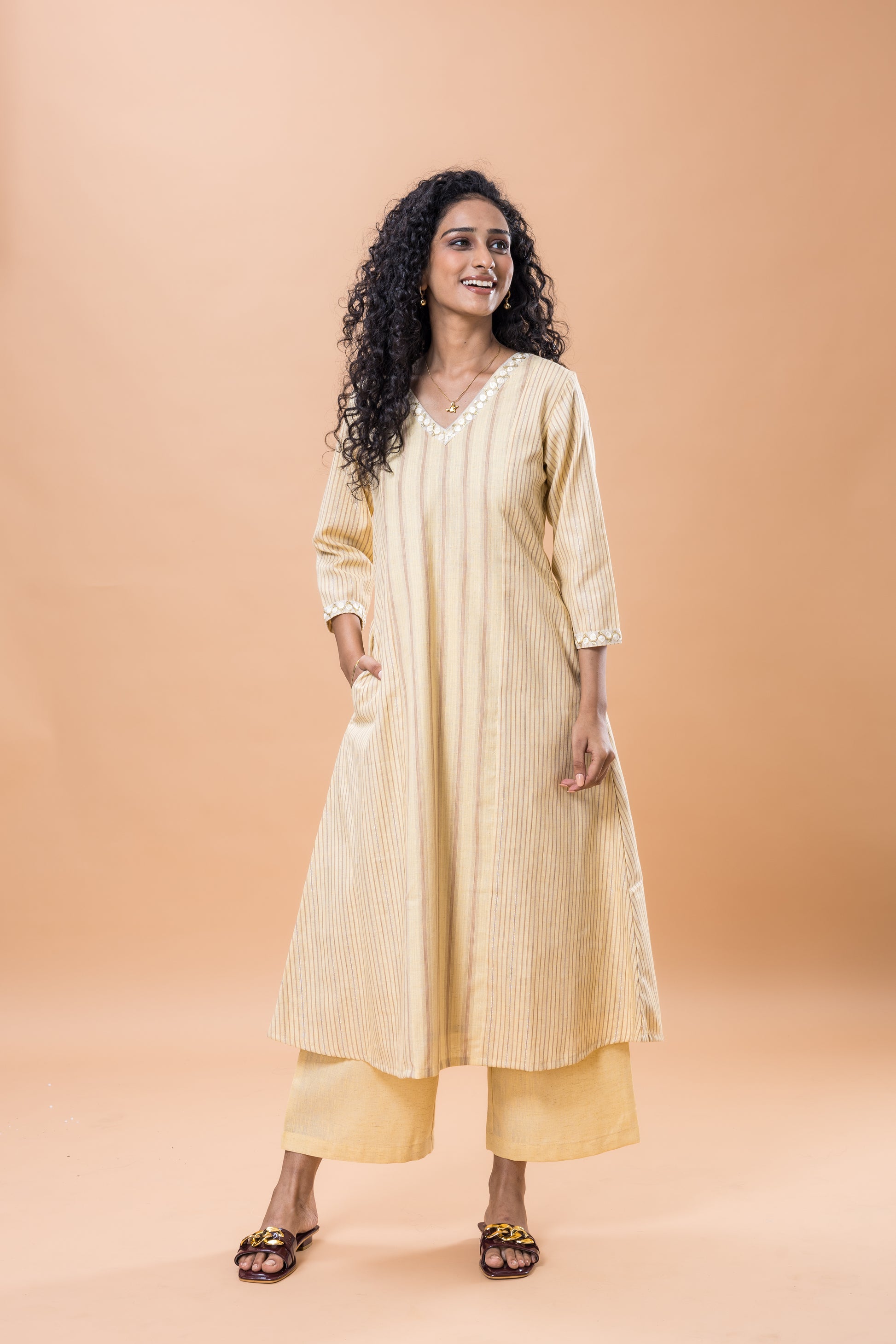 Cotton Yellow striped kurta pant set with lace