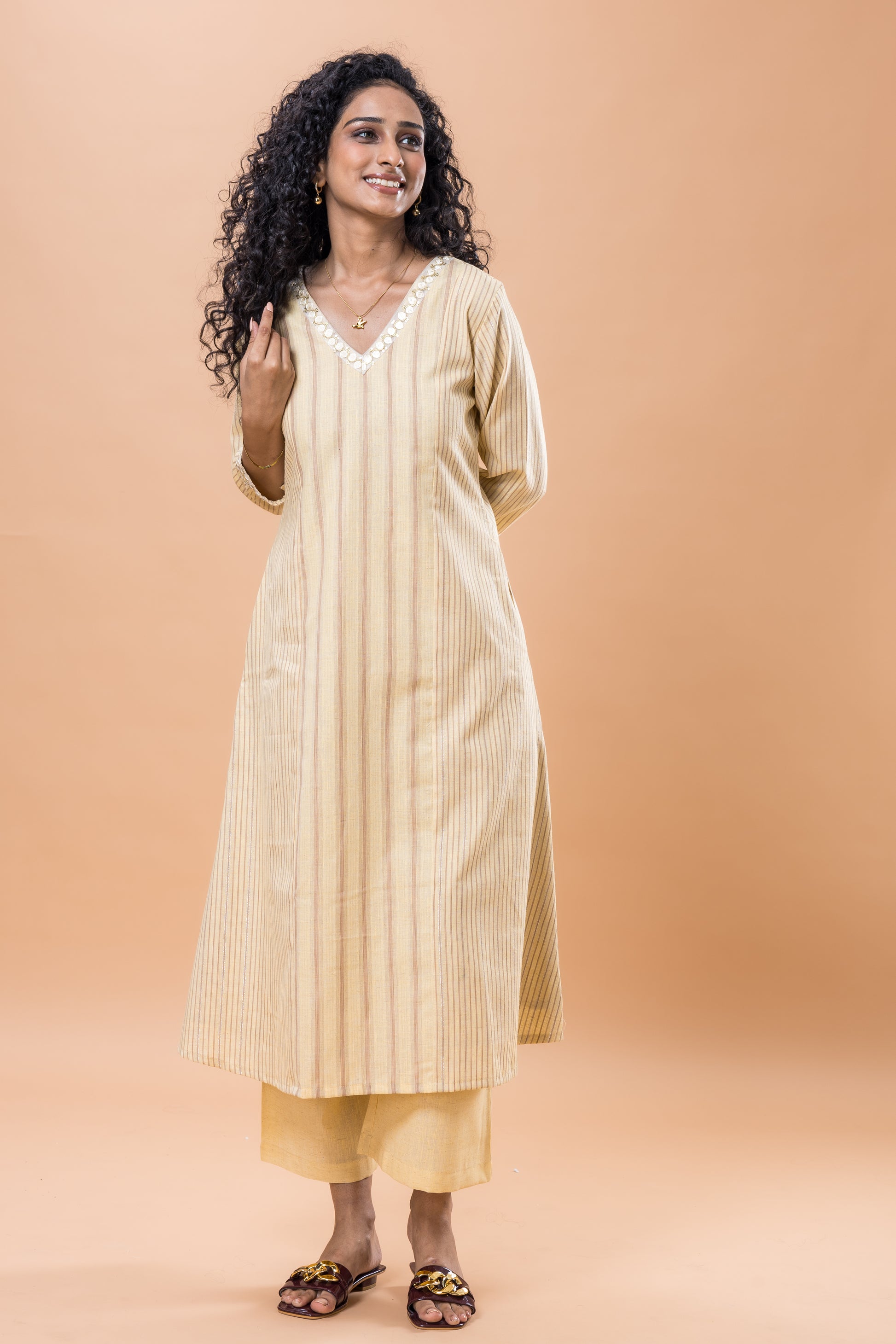 Cotton Yellow striped kurta pant set with lace