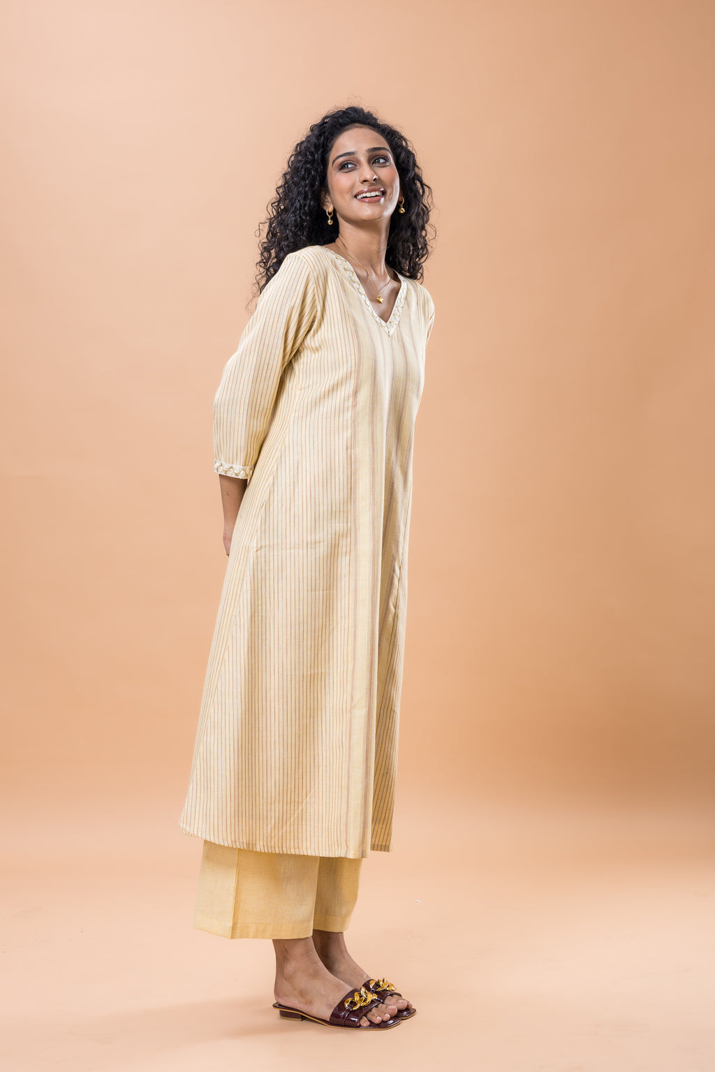 Cotton Yellow striped kurta pant set with lace
