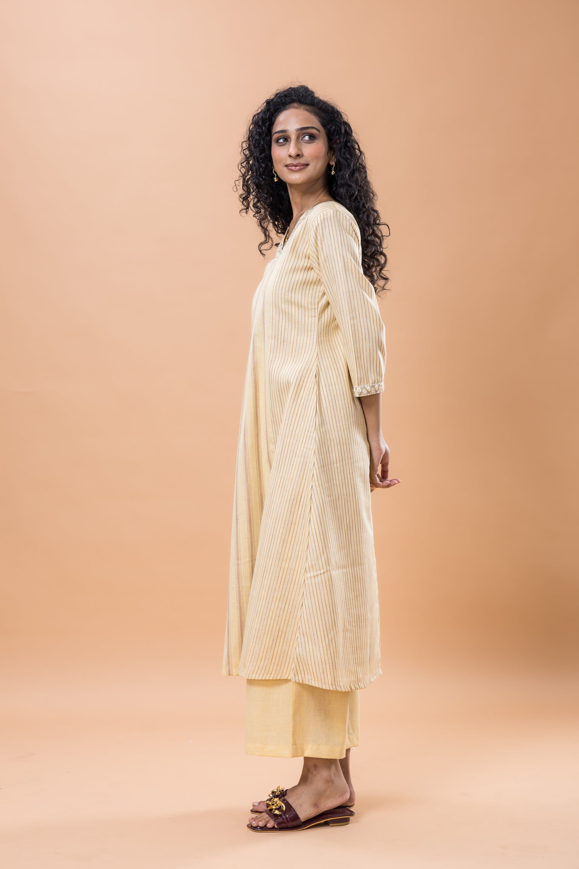 Cotton Yellow striped kurta pant set with lace
