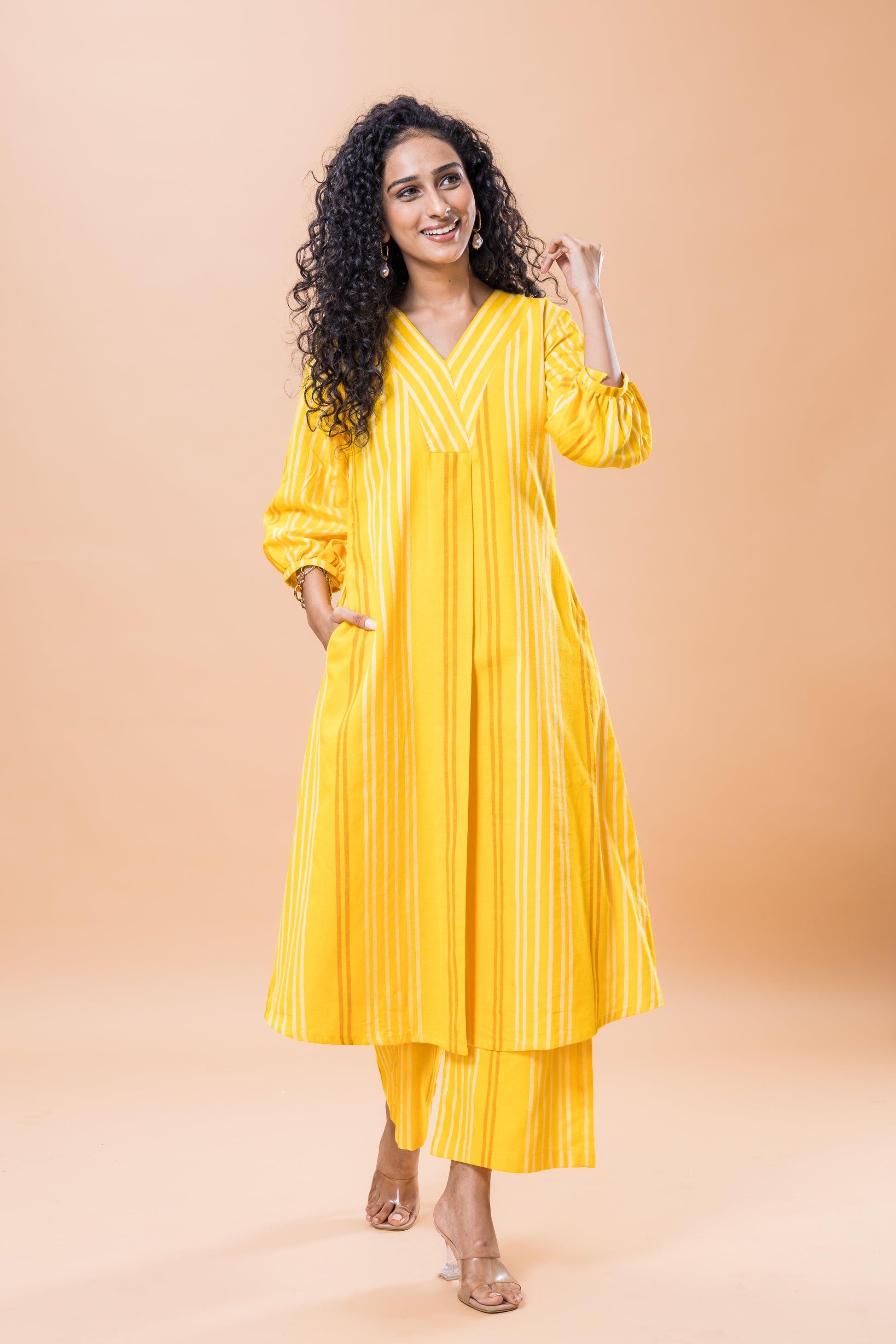 Pure Cotton Yellow striped kurta pant set