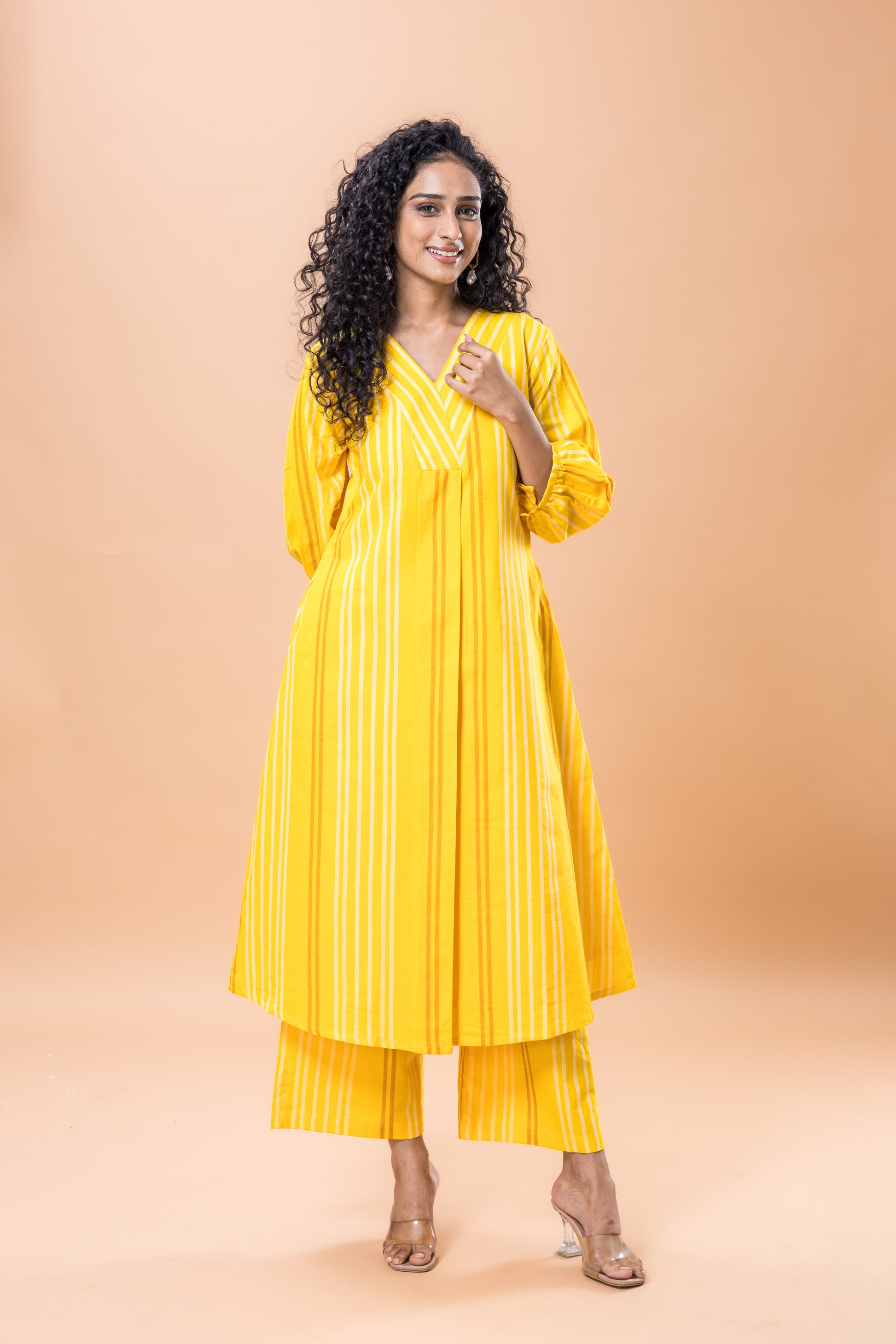 Pure Cotton Yellow striped kurta pant set