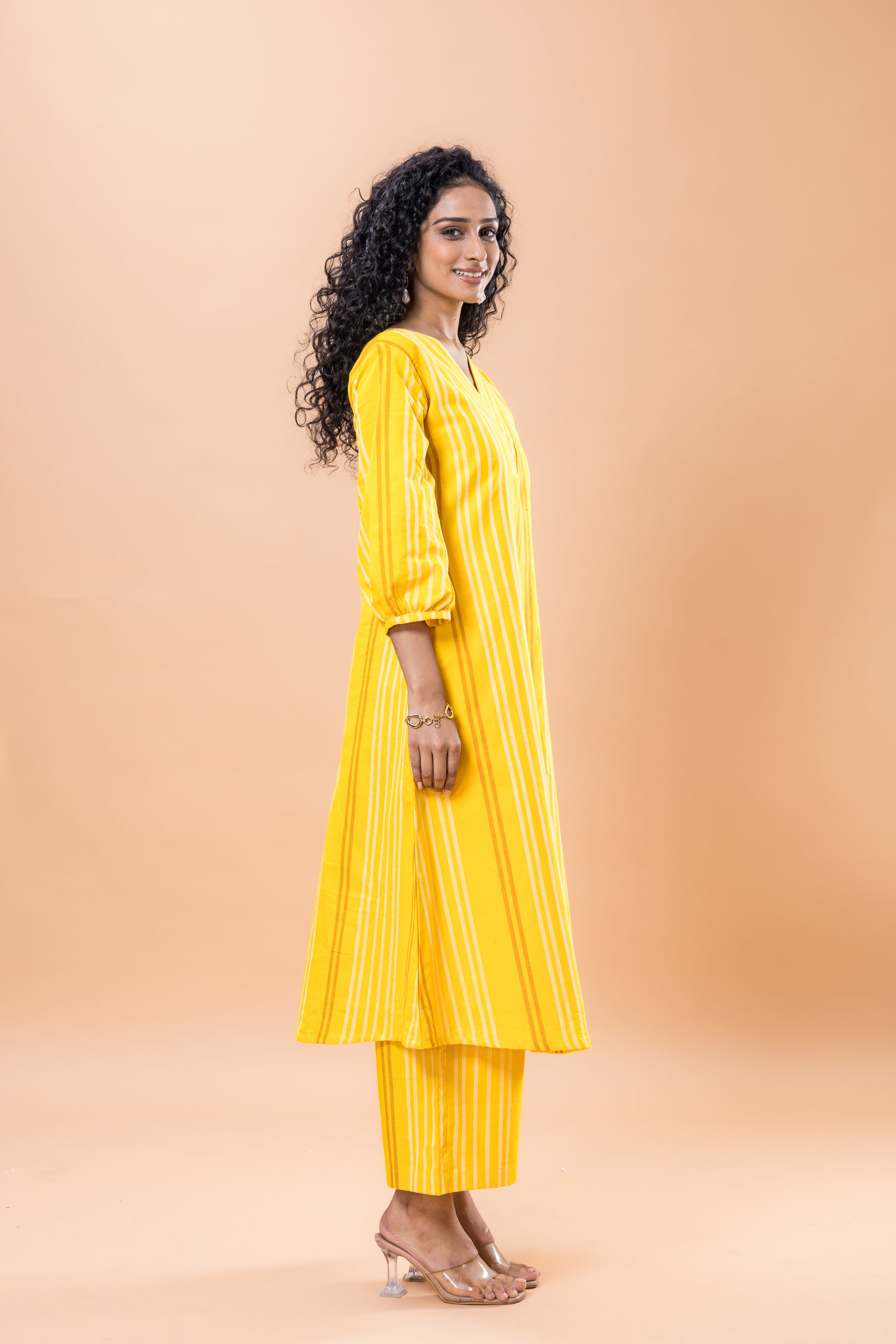 Pure Cotton Yellow striped kurta pant set
