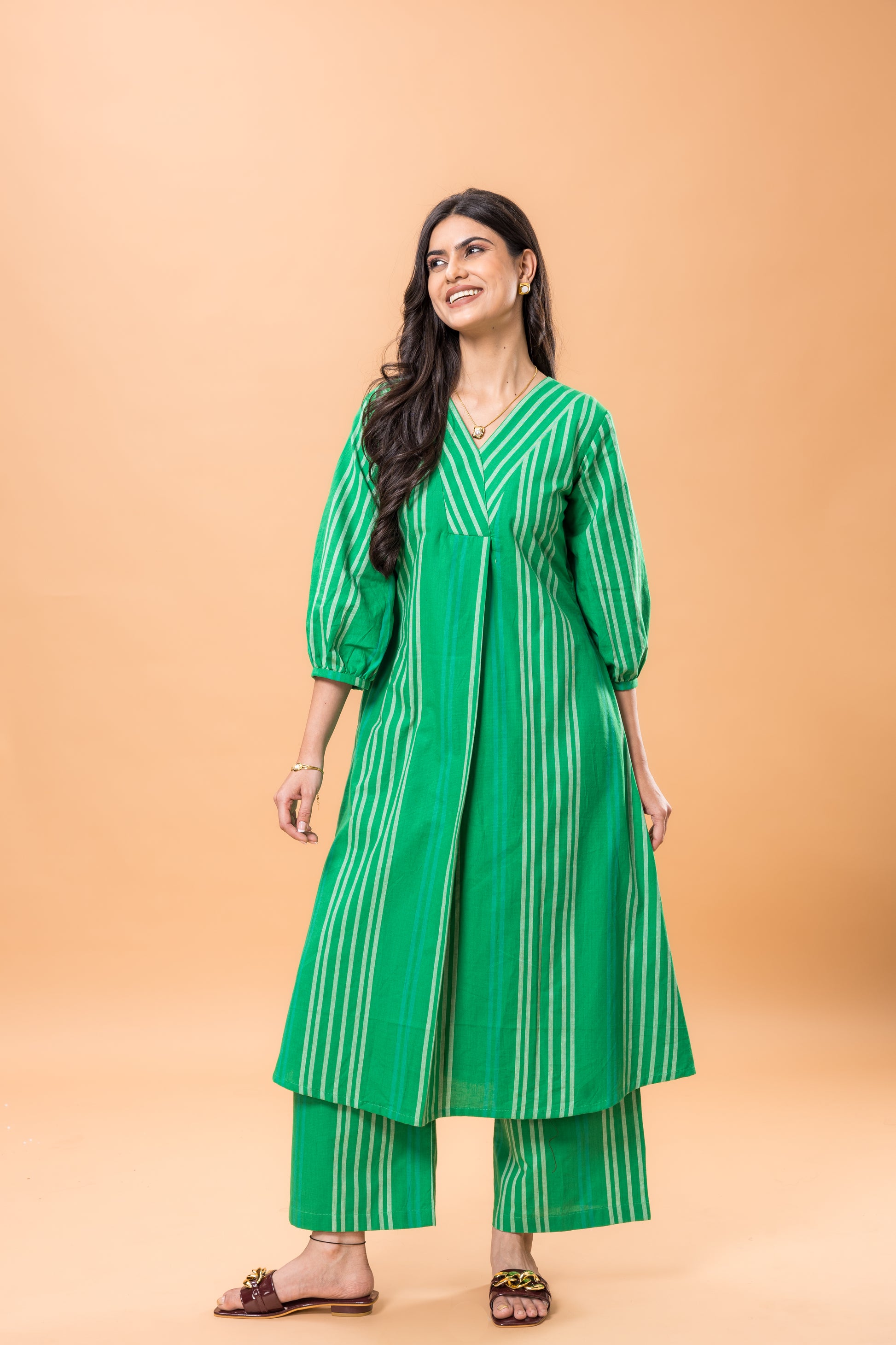 Pure Cotton Green striped kurta pant set