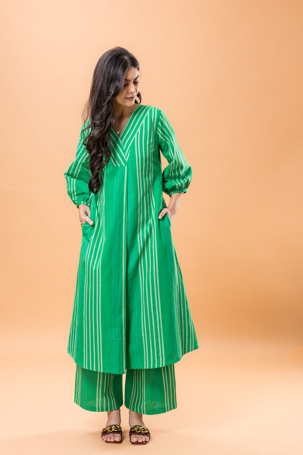 Pure Cotton Green striped kurta pant set