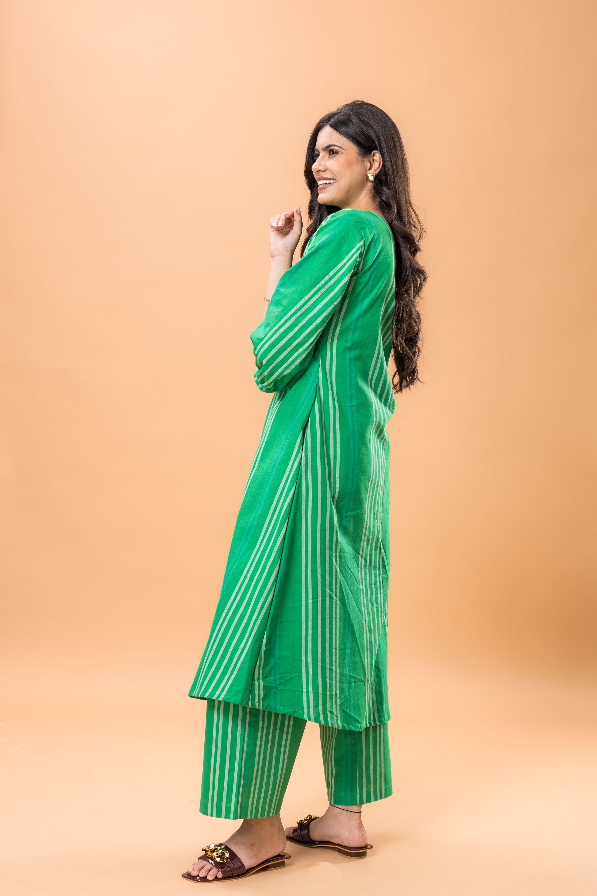 Pure Cotton Green striped kurta pant set