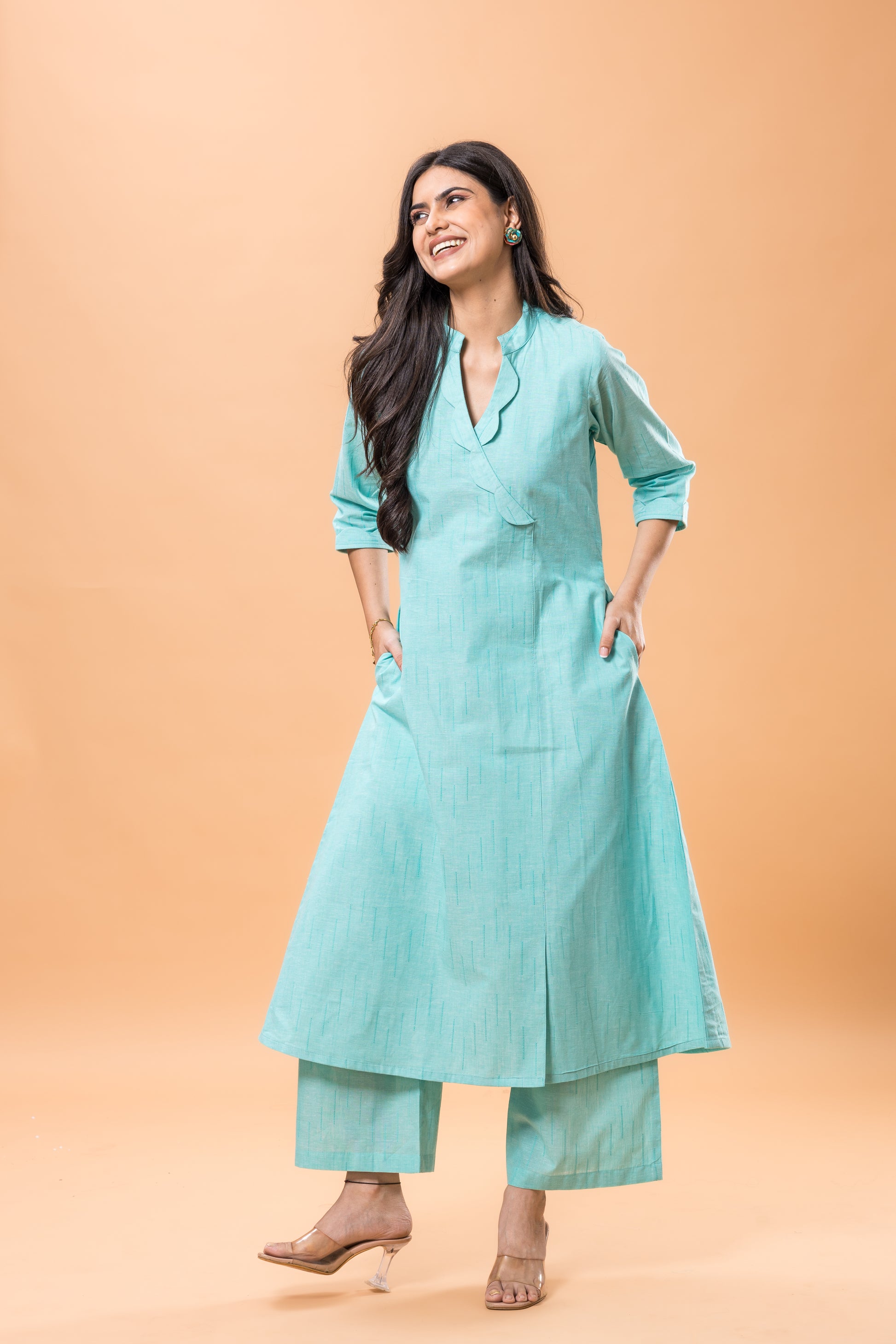 Pure Cotton Aqua blue A-line kurta pant set