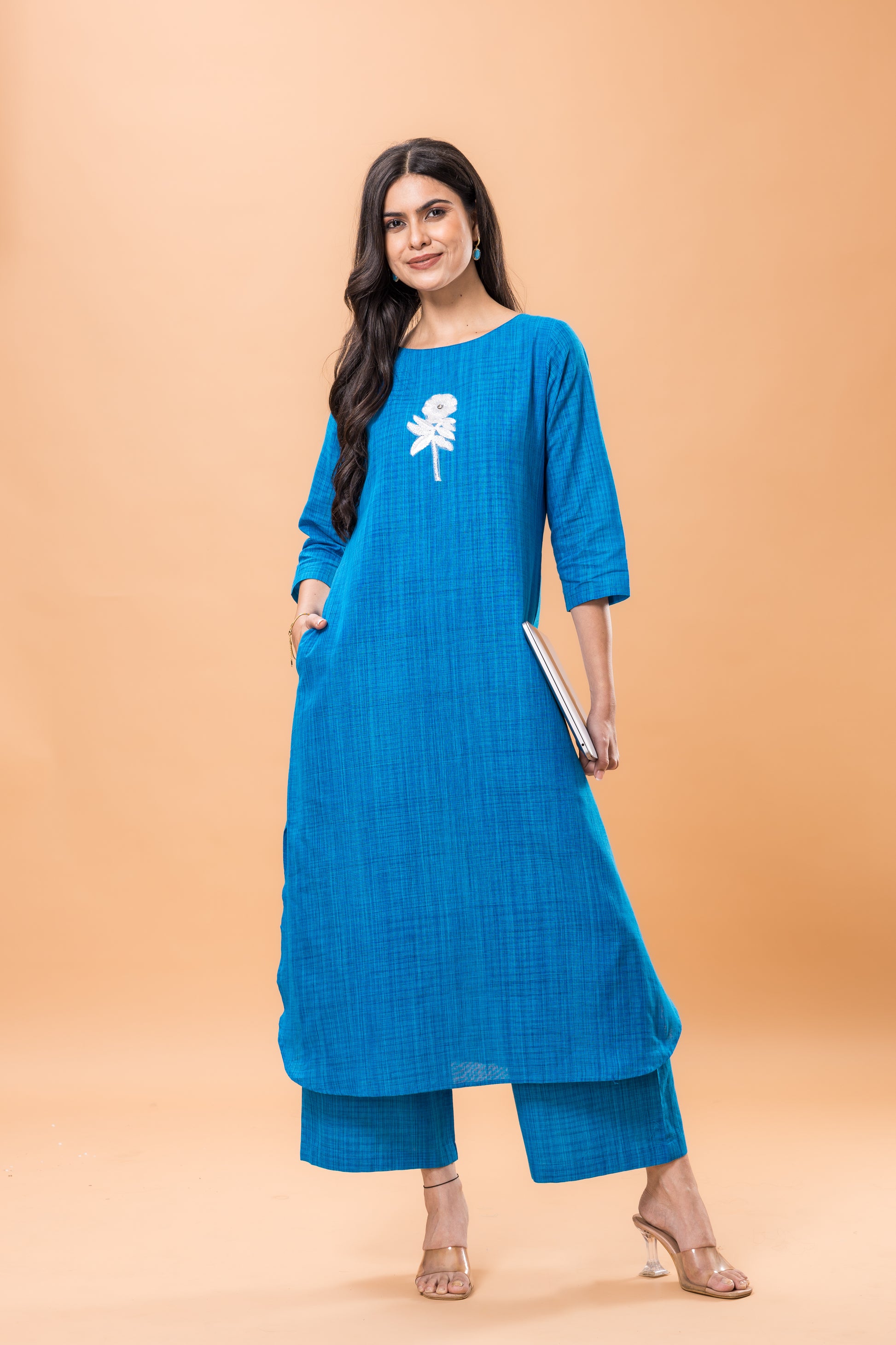 Pure Cotton Blue statement work kurta pant set