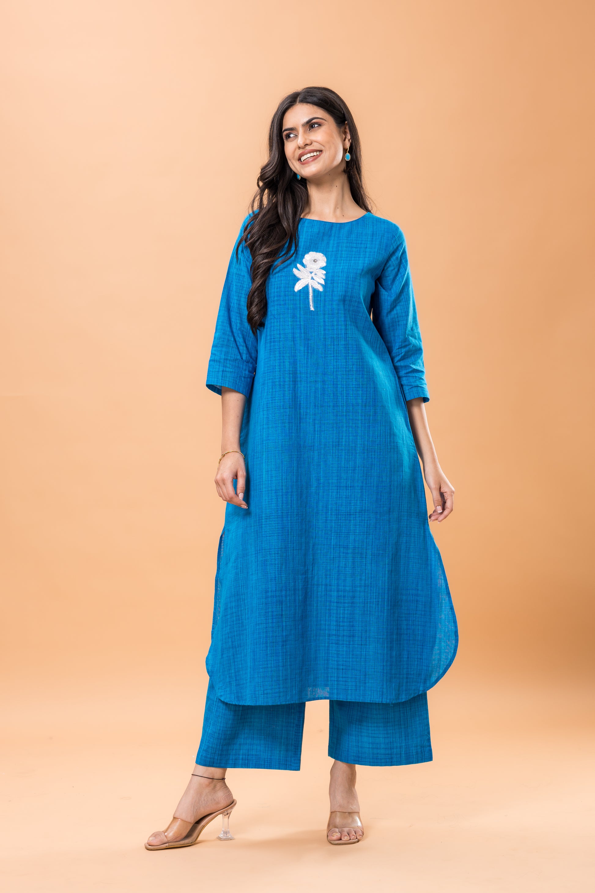 Pure Cotton Blue statement work kurta pant set