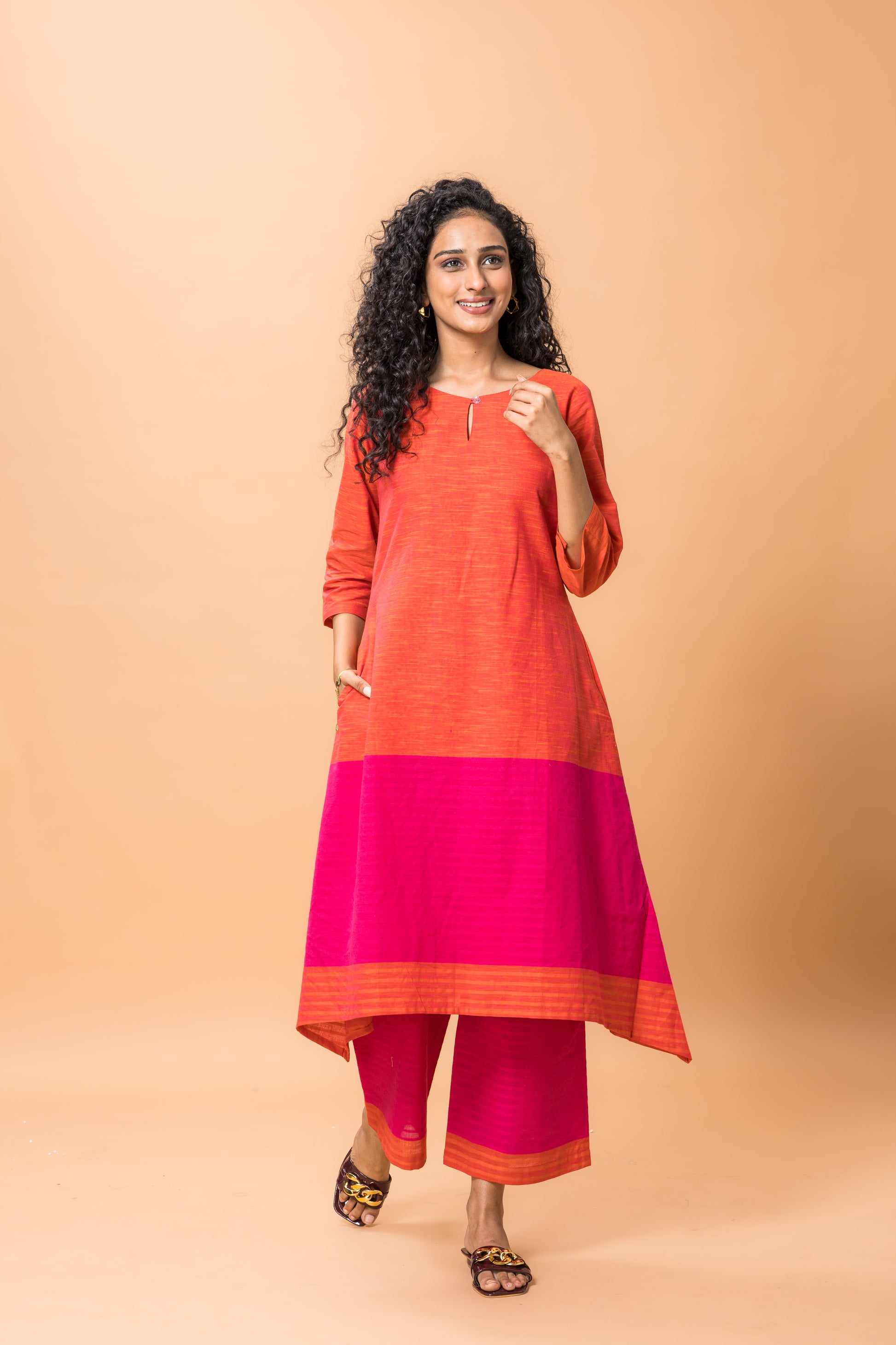 Pure Cotton Pink and orange kurta pant set
