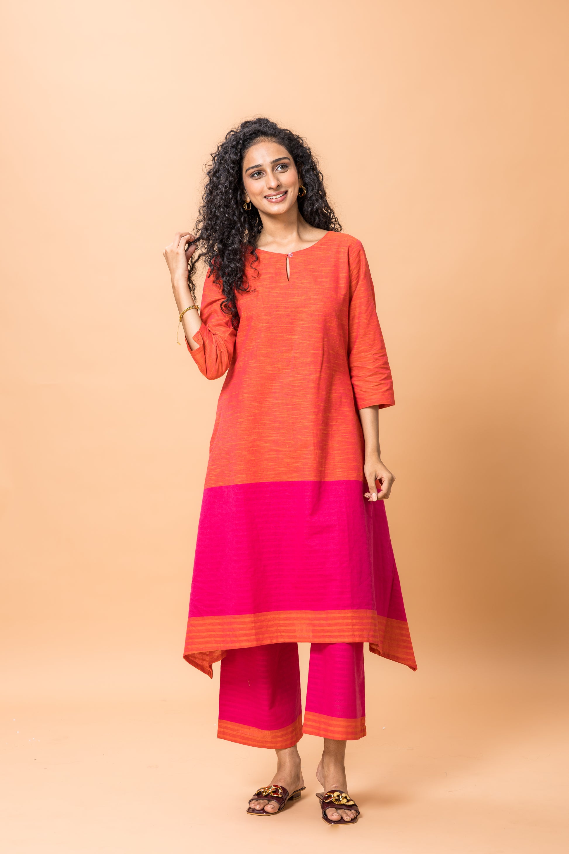 Pure Cotton Pink and orange kurta pant set