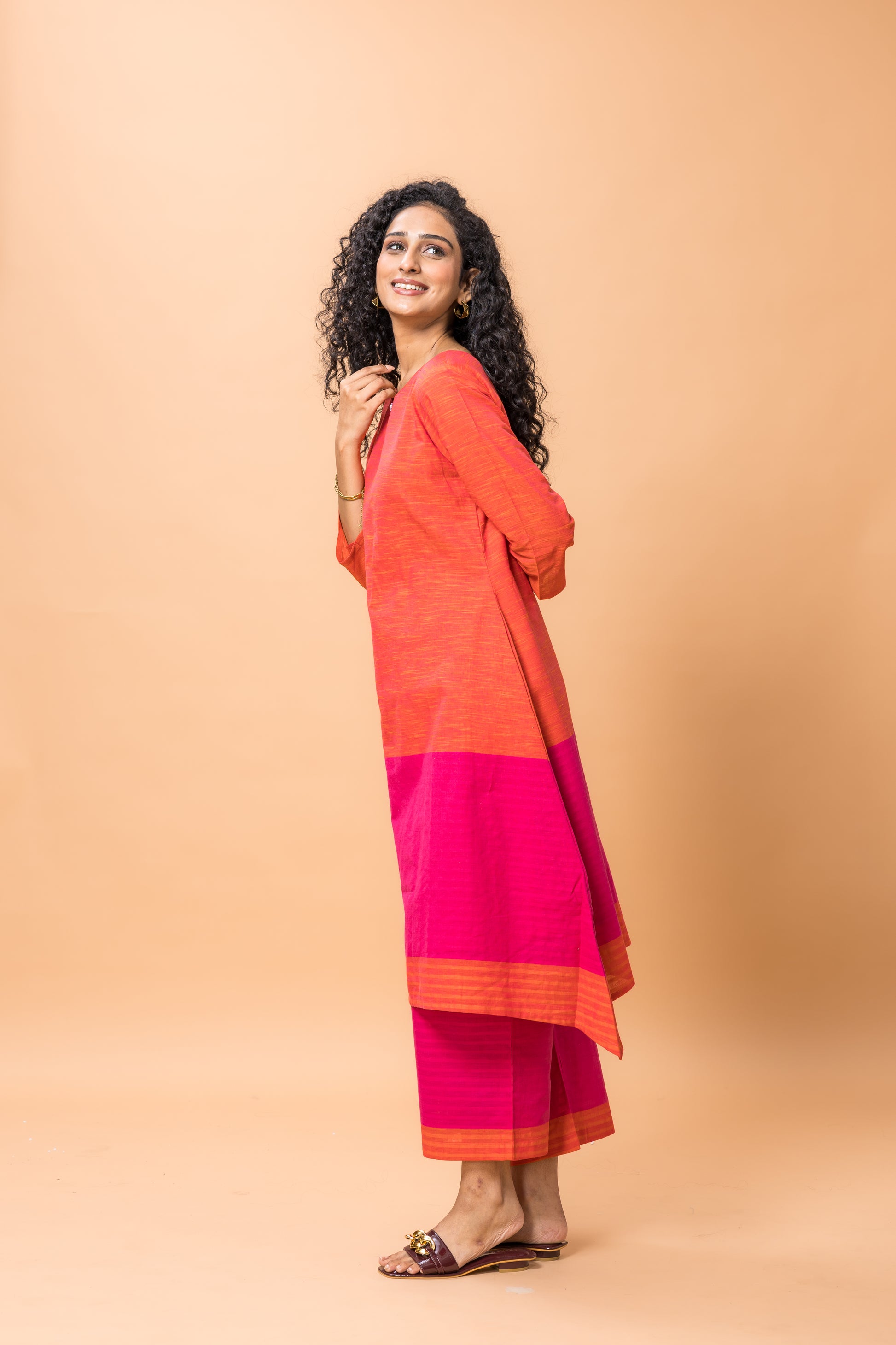 Pure Cotton Pink and orange kurta pant set