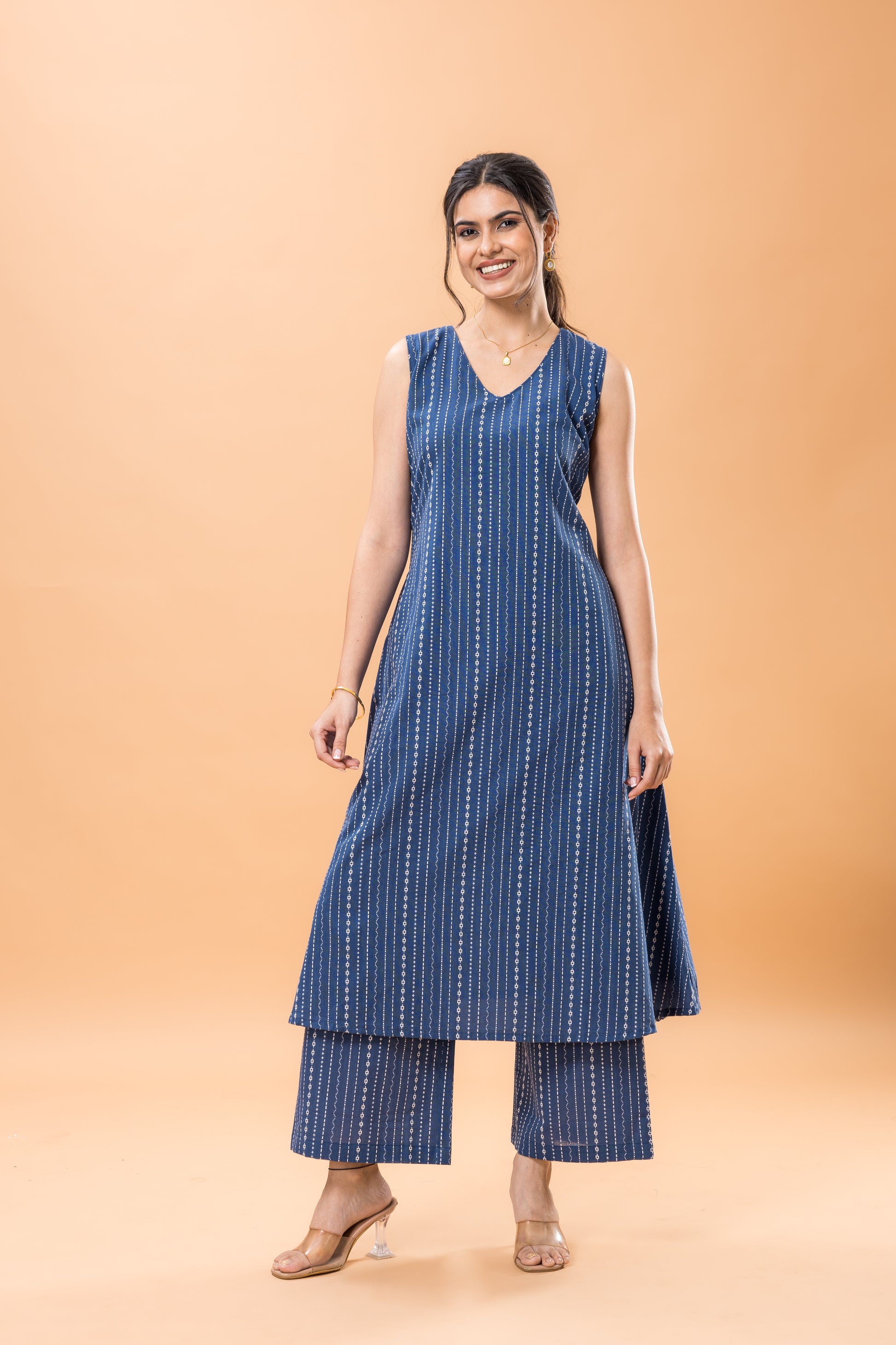 Pure Cotton Embroidered Indigo Kurta Pant Set