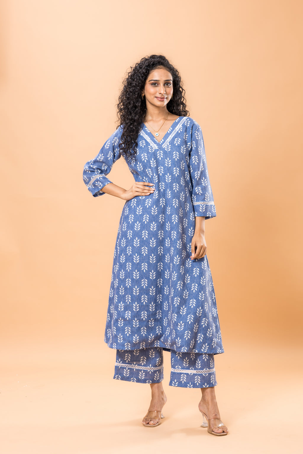 Linen Blue leaf print kurta pant set