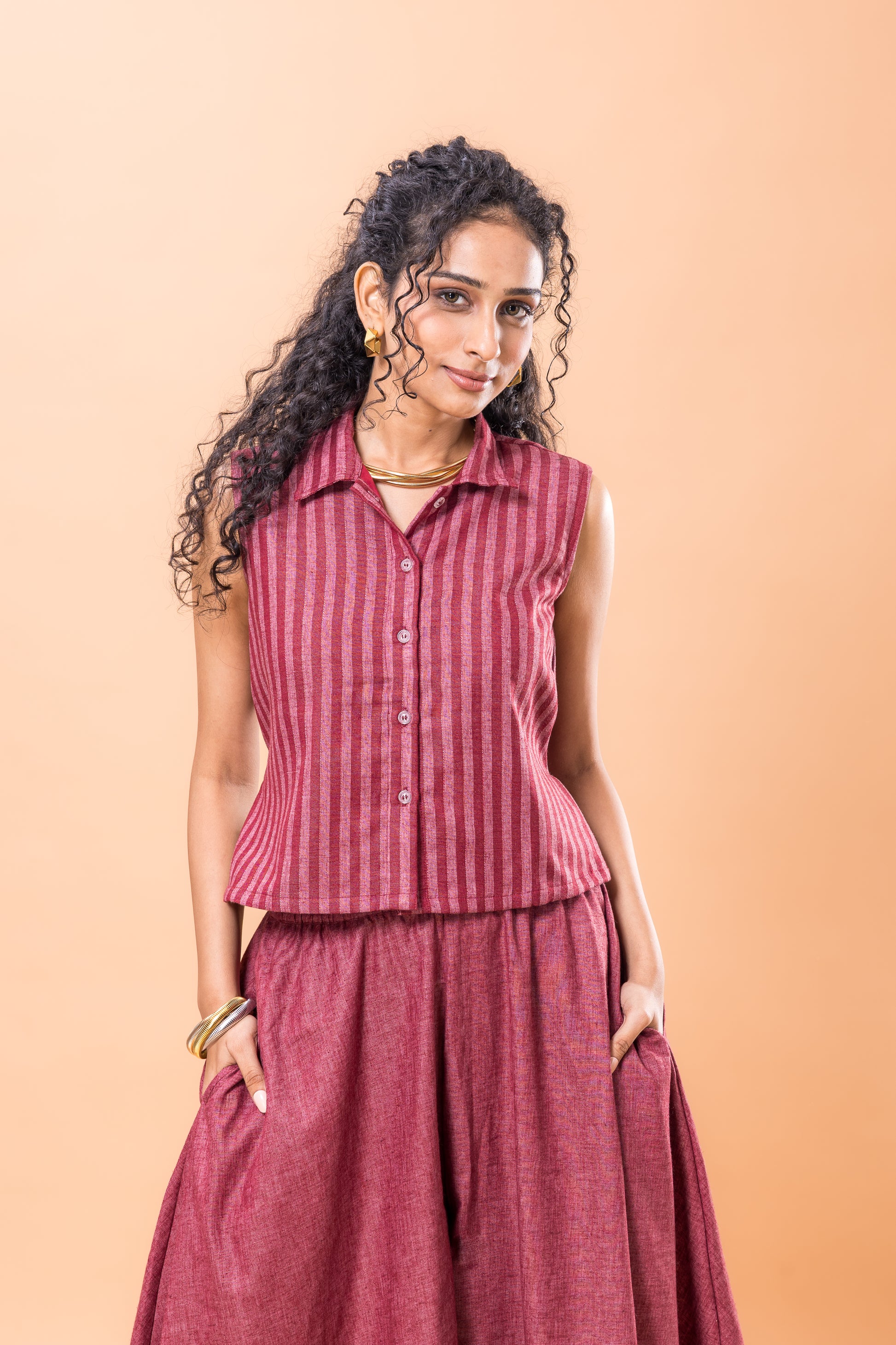 Cotton Red Striped Co-ord Set with Flared Pants