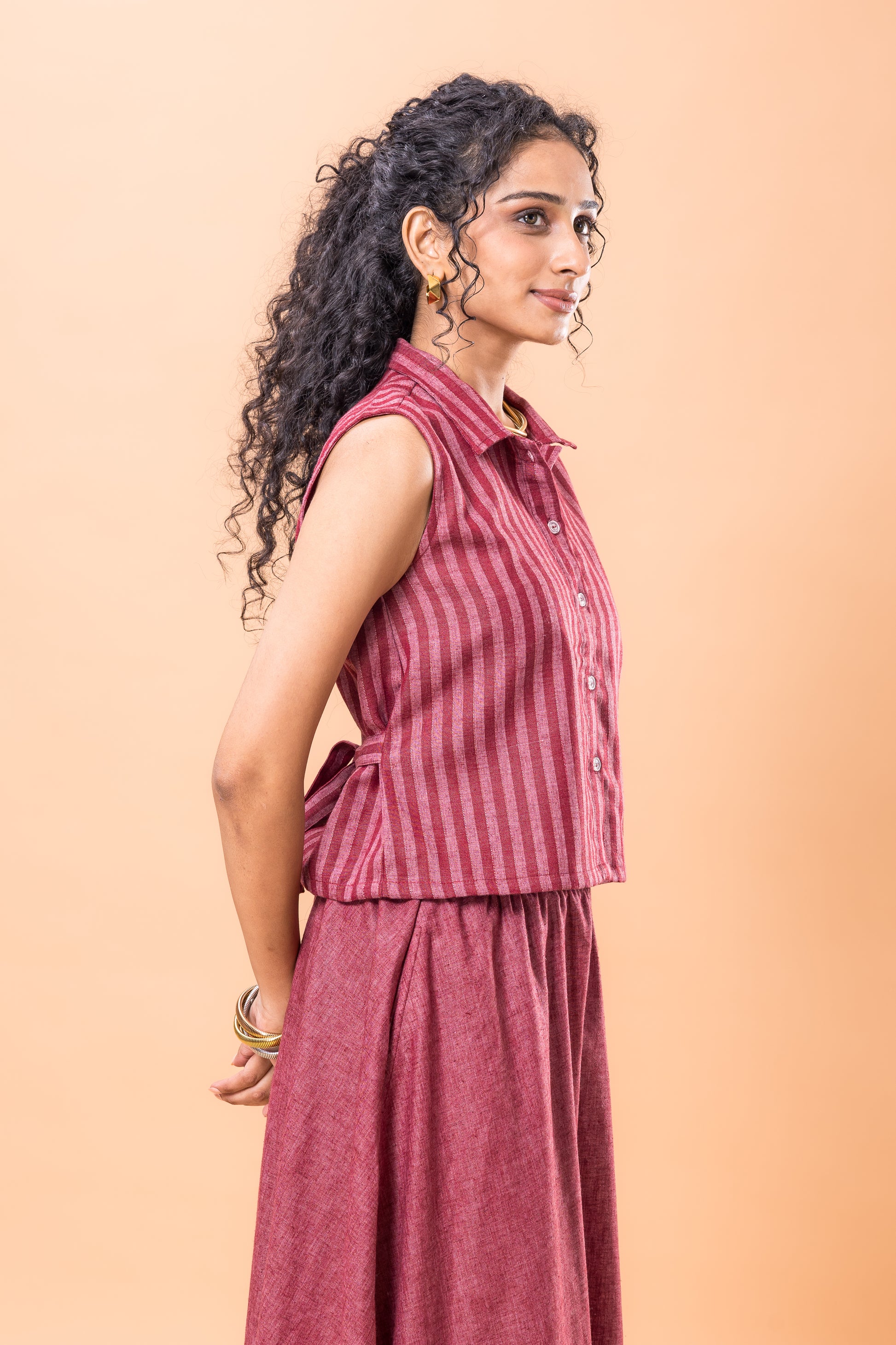 Cotton Red Striped Co-ord Set with Flared Pants