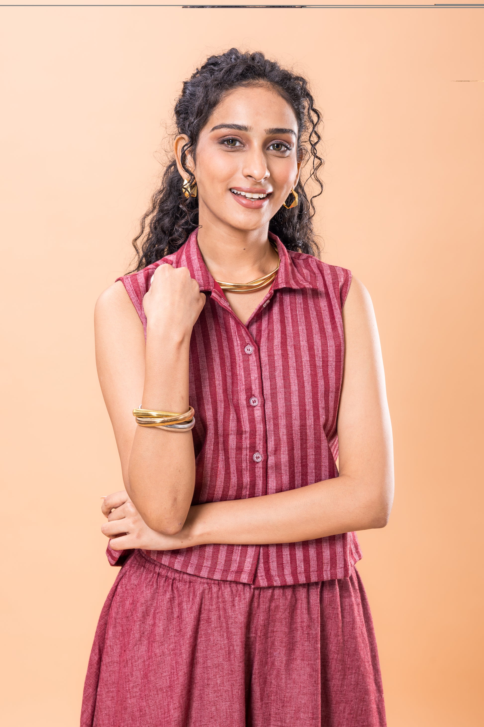 Cotton Red Striped Co-ord Set with Flared Pants