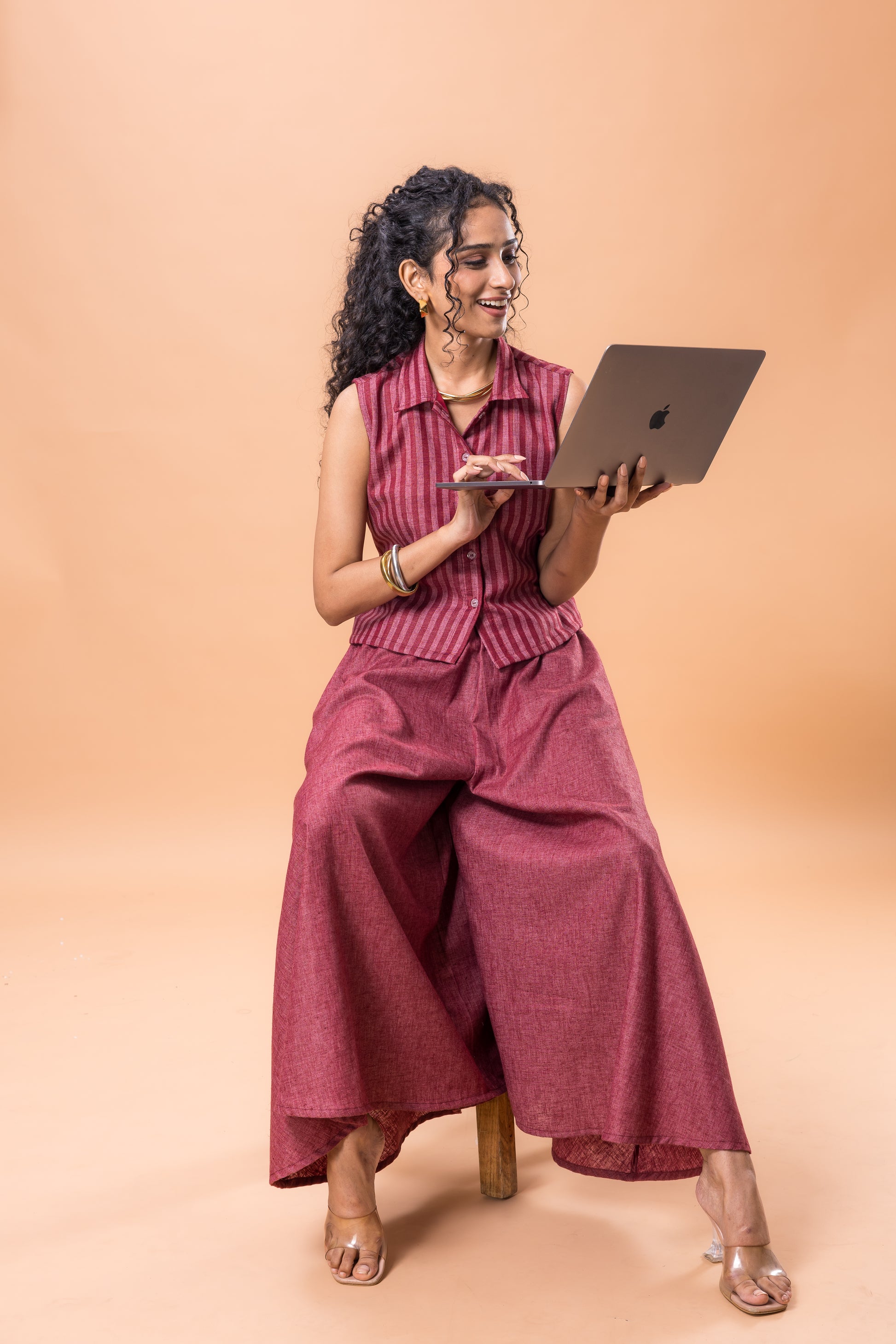 Cotton Red Striped Co-ord Set with Flared Pants