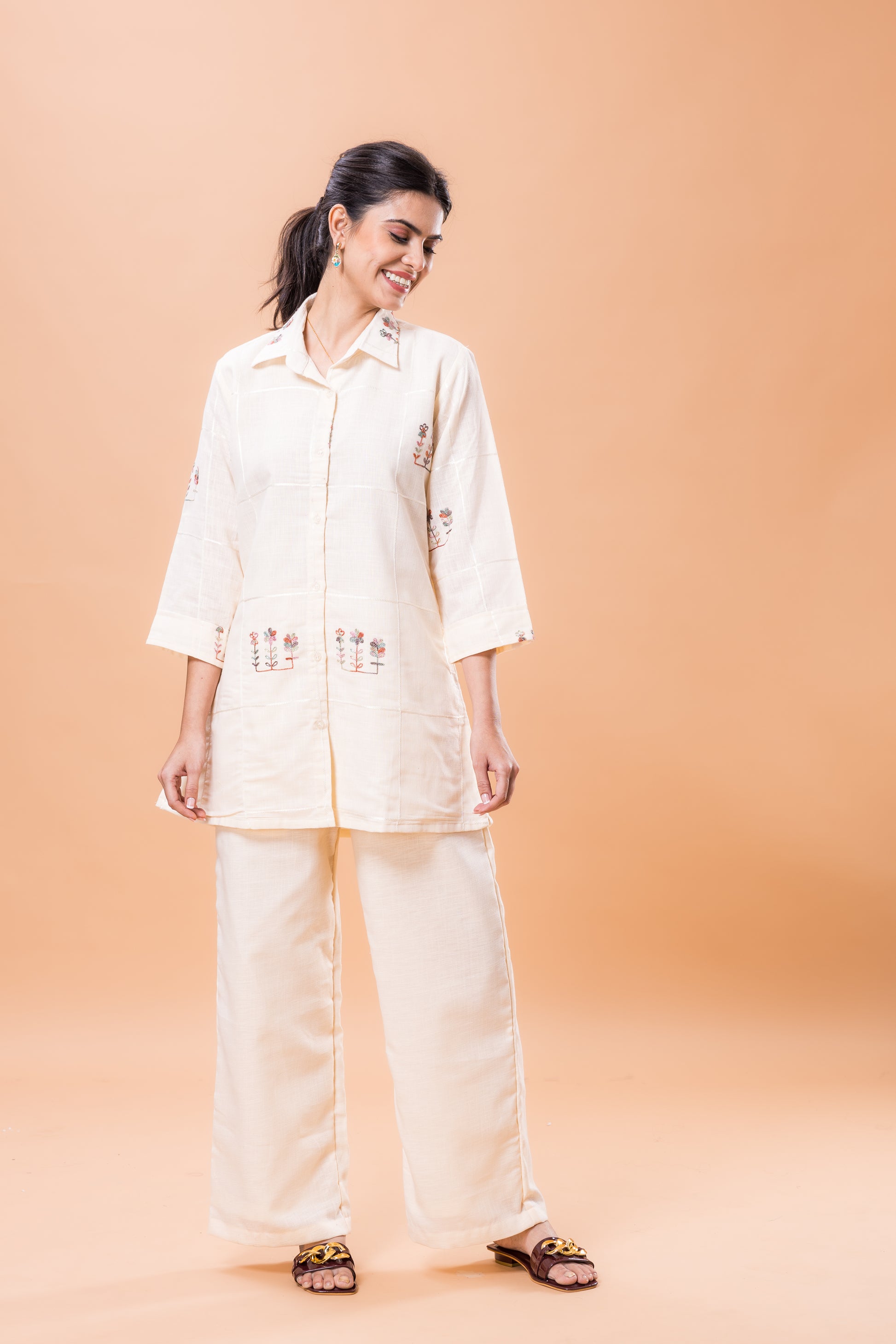 Linen Champagne Pink Embroidered Co-ord Set