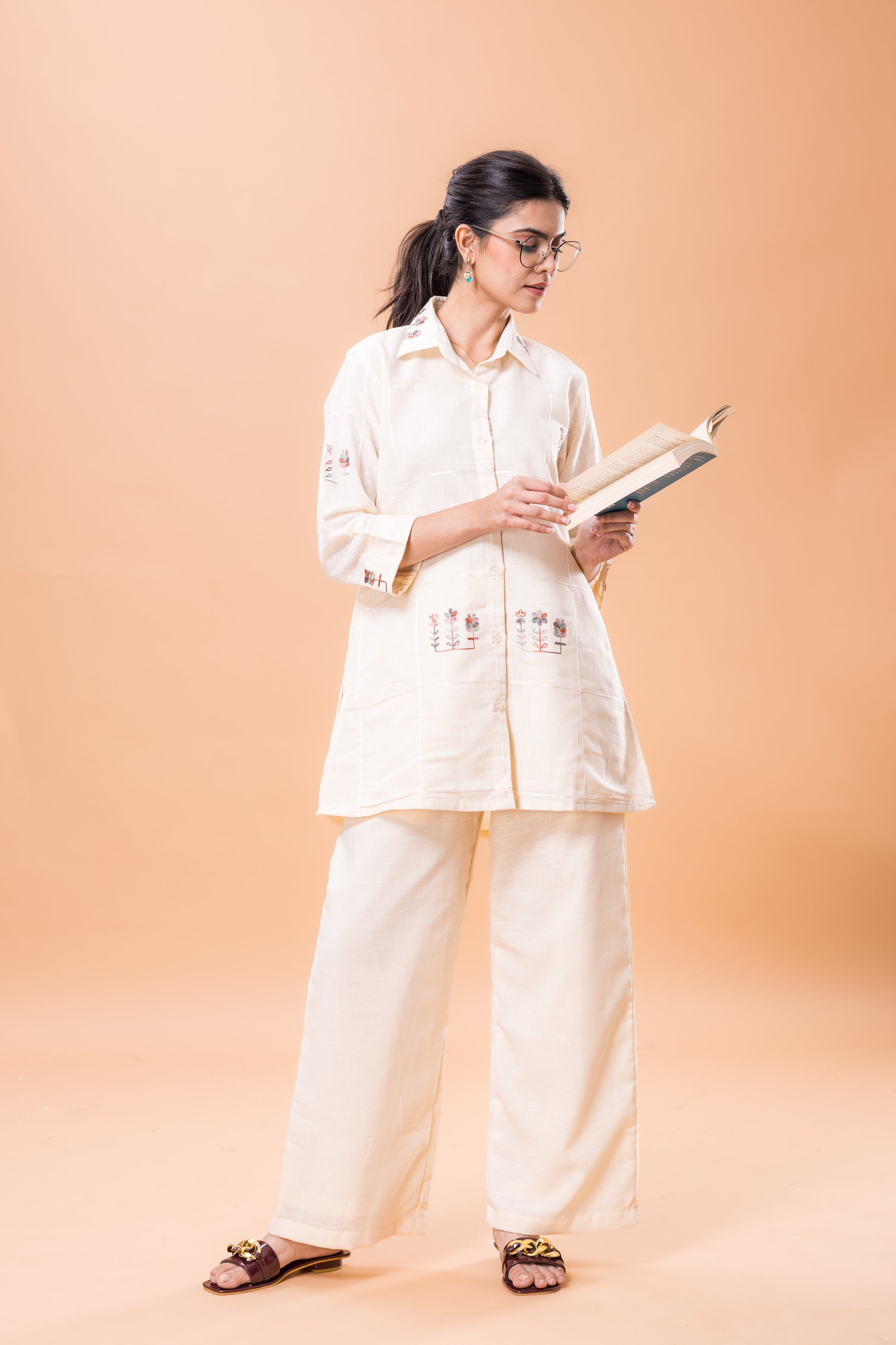 Linen Champagne Pink Embroidered Co-ord Set